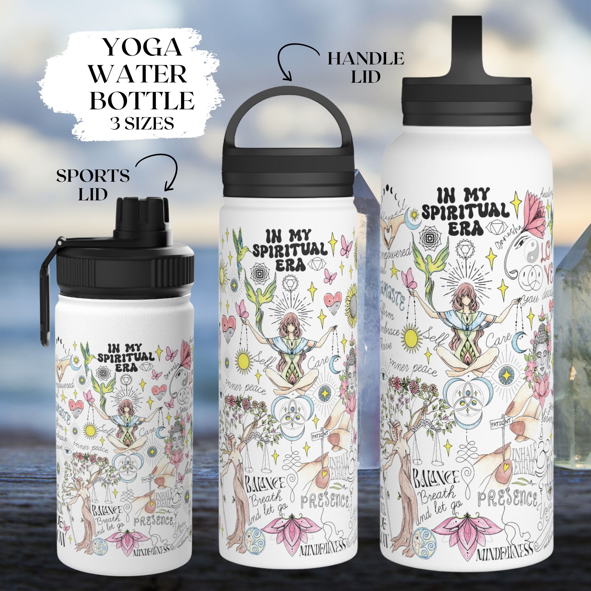 a white water bottle with a black lid and a white and black water bottle with