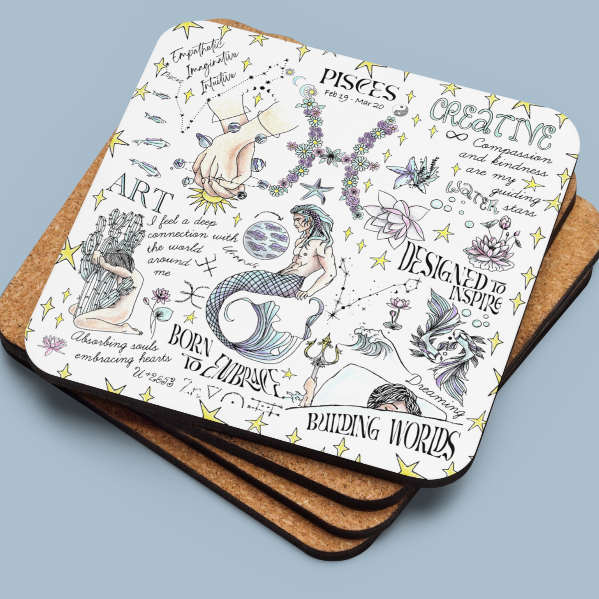 three coasters with different designs on them