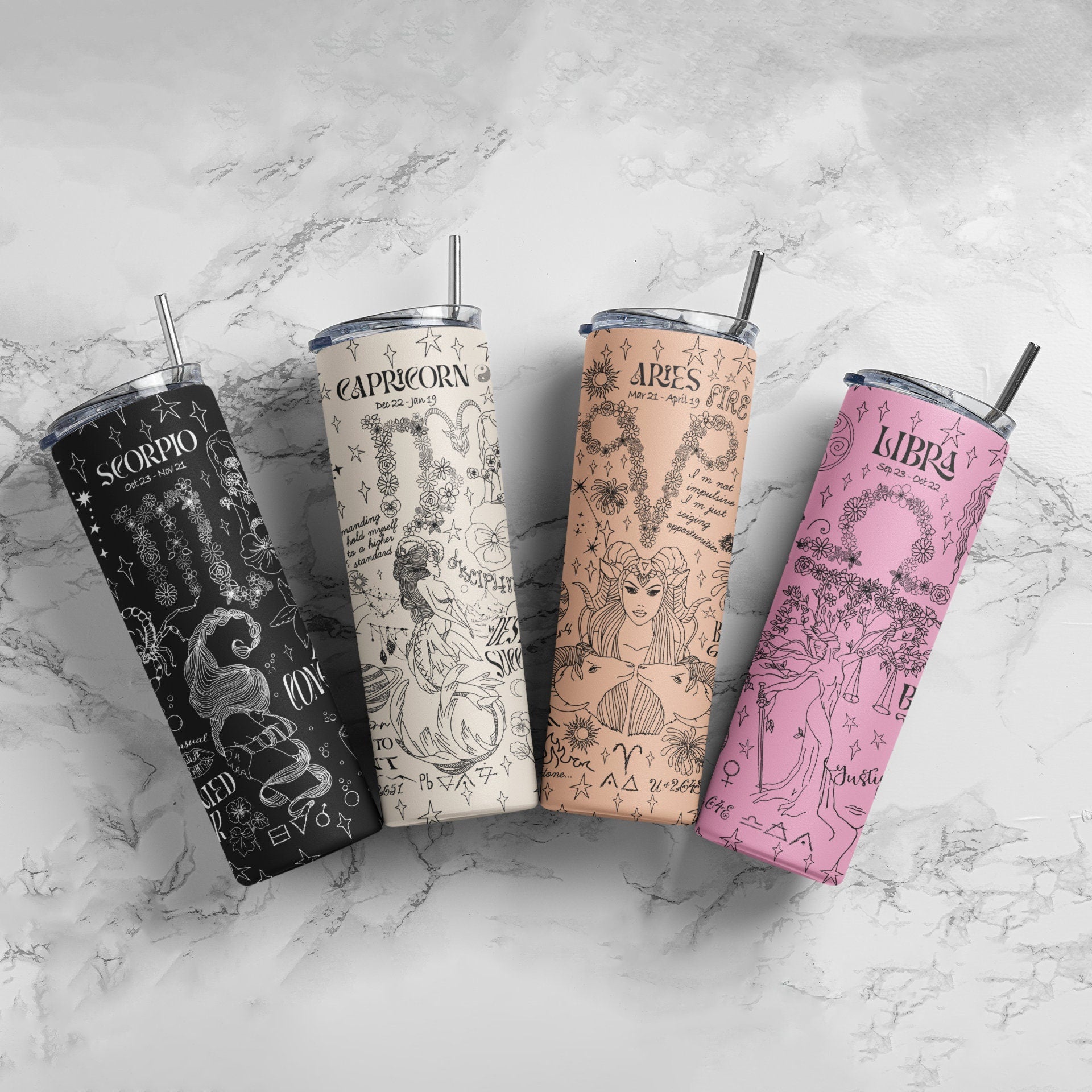 Zodiac Skinny Tumbler with Straw - Personalized Neutral Color Astrology Insulated Mug - Bridesmaids Gift - Bachelorette Party Favor - Birthday Gift