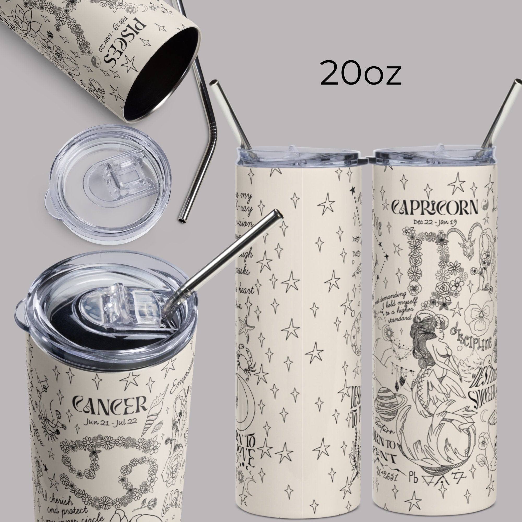 Zodiac Skinny Tumbler with Straw - Personalized Neutral Color Astrology Insulated Mug - Bridesmaids Gift - Bachelorette Party Favor - Birthday Gift