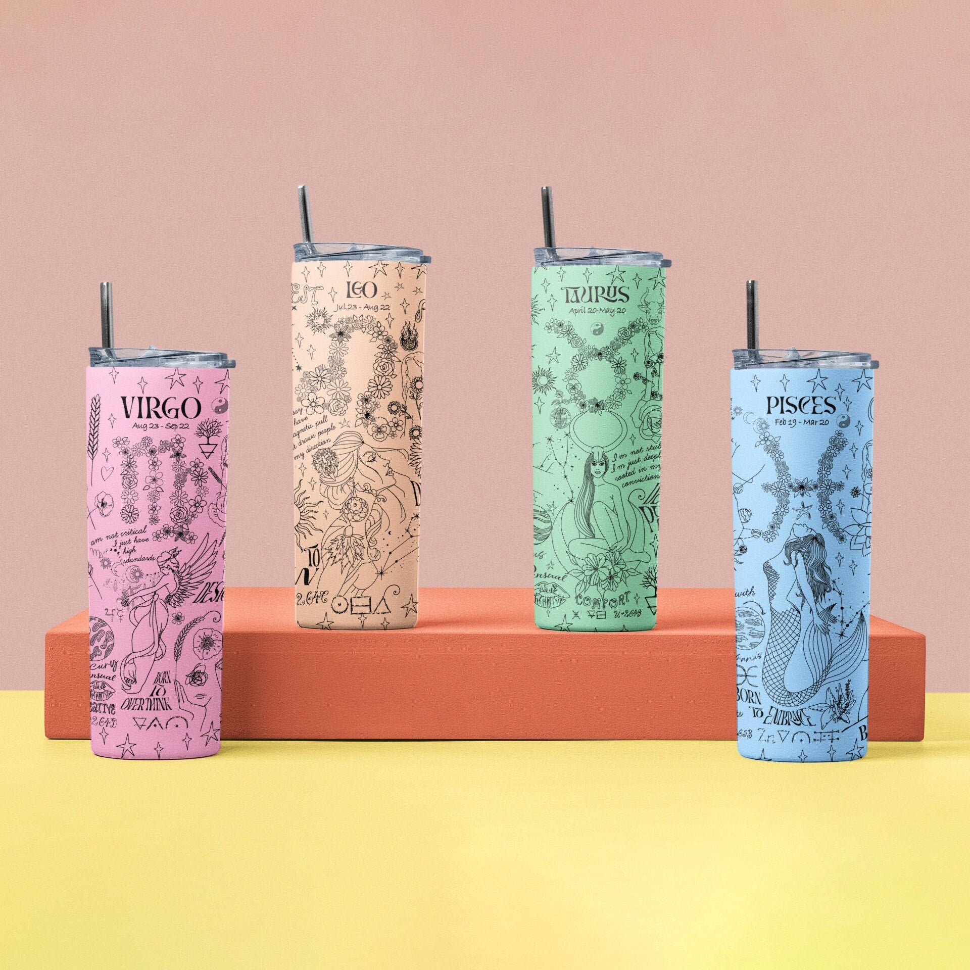 Zodiac Skinny Tumbler with Straw - Personalized Neutral Color Astrology Insulated Mug - Bridesmaids Gift - Bachelorette Party Favor - Birthday Gift