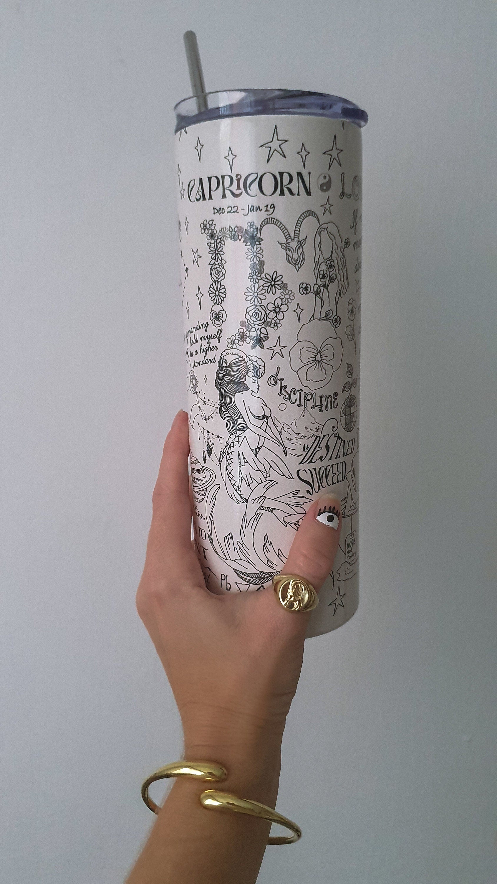 Zodiac Skinny Tumbler with Straw - Personalized Neutral Color Astrology Insulated Mug - Bridesmaids Gift - Bachelorette Party Favor - Birthday Gift