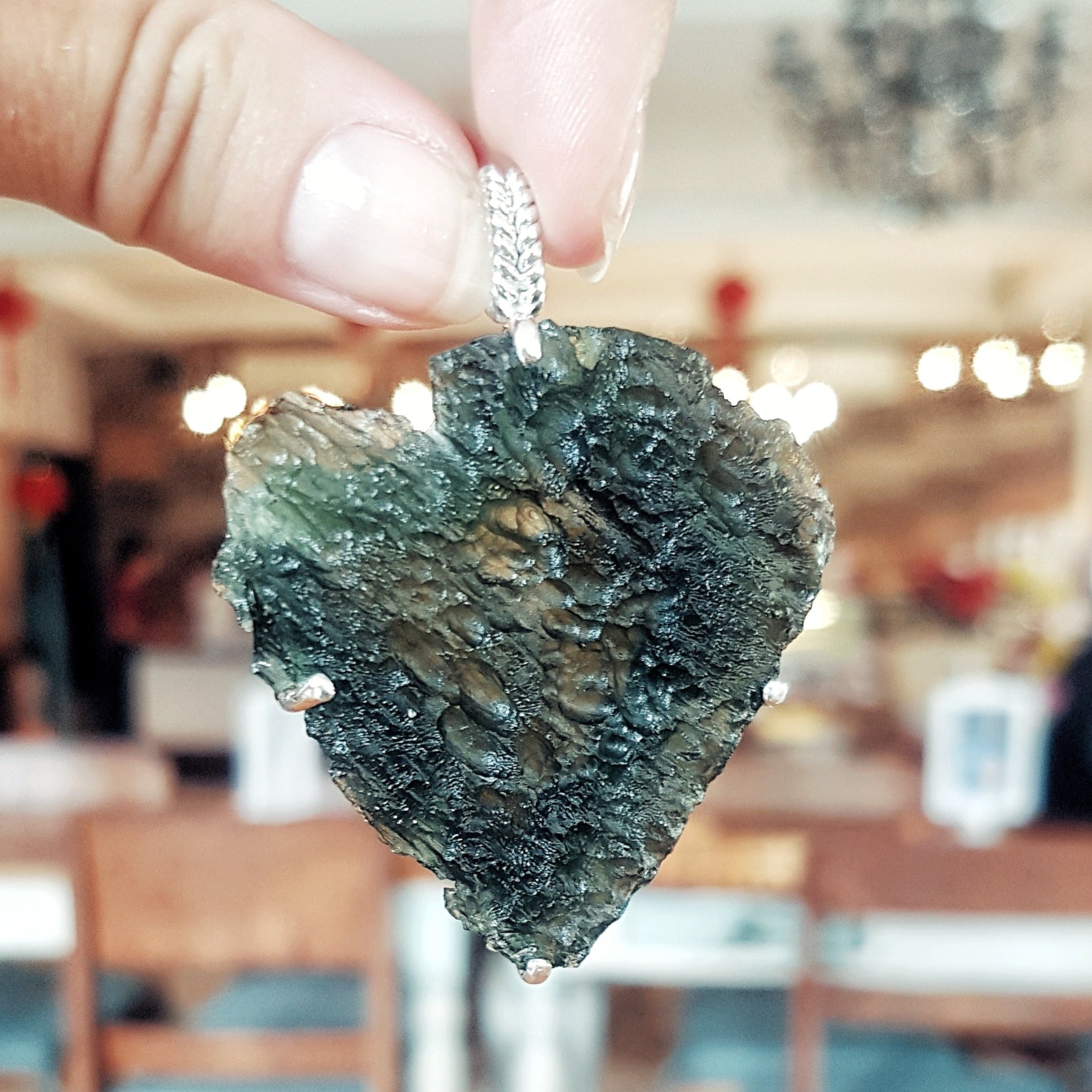 Large Raw Moldavite Sterling Silver Pendant in a heart shape 21.5 gr