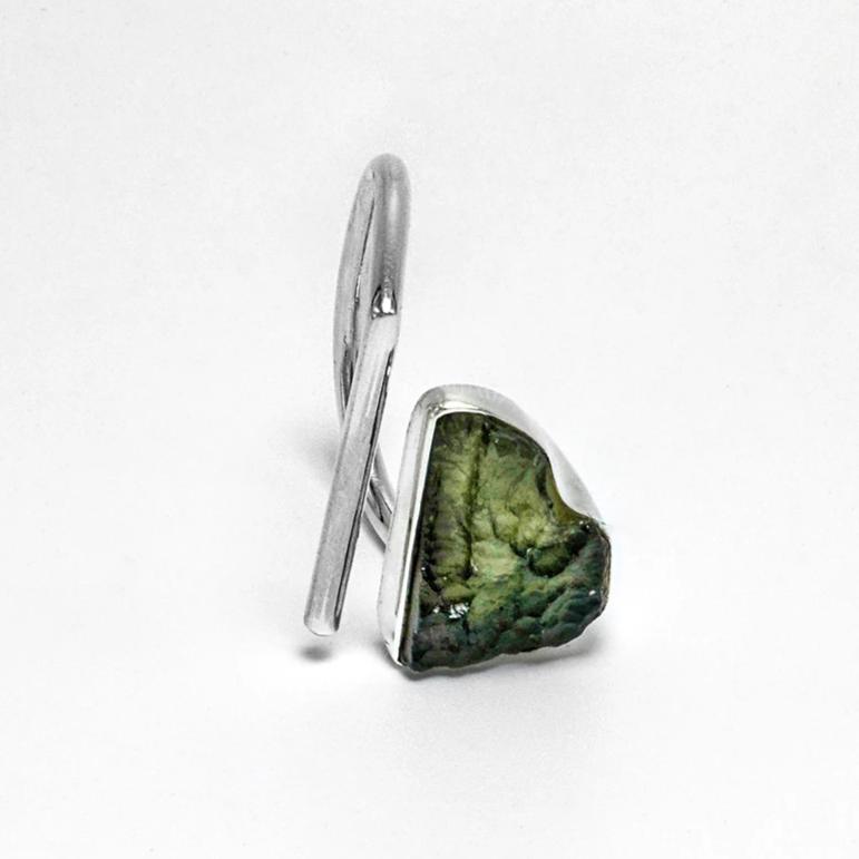 Adjustable open raw moldavite ring heart shape ioola size 9