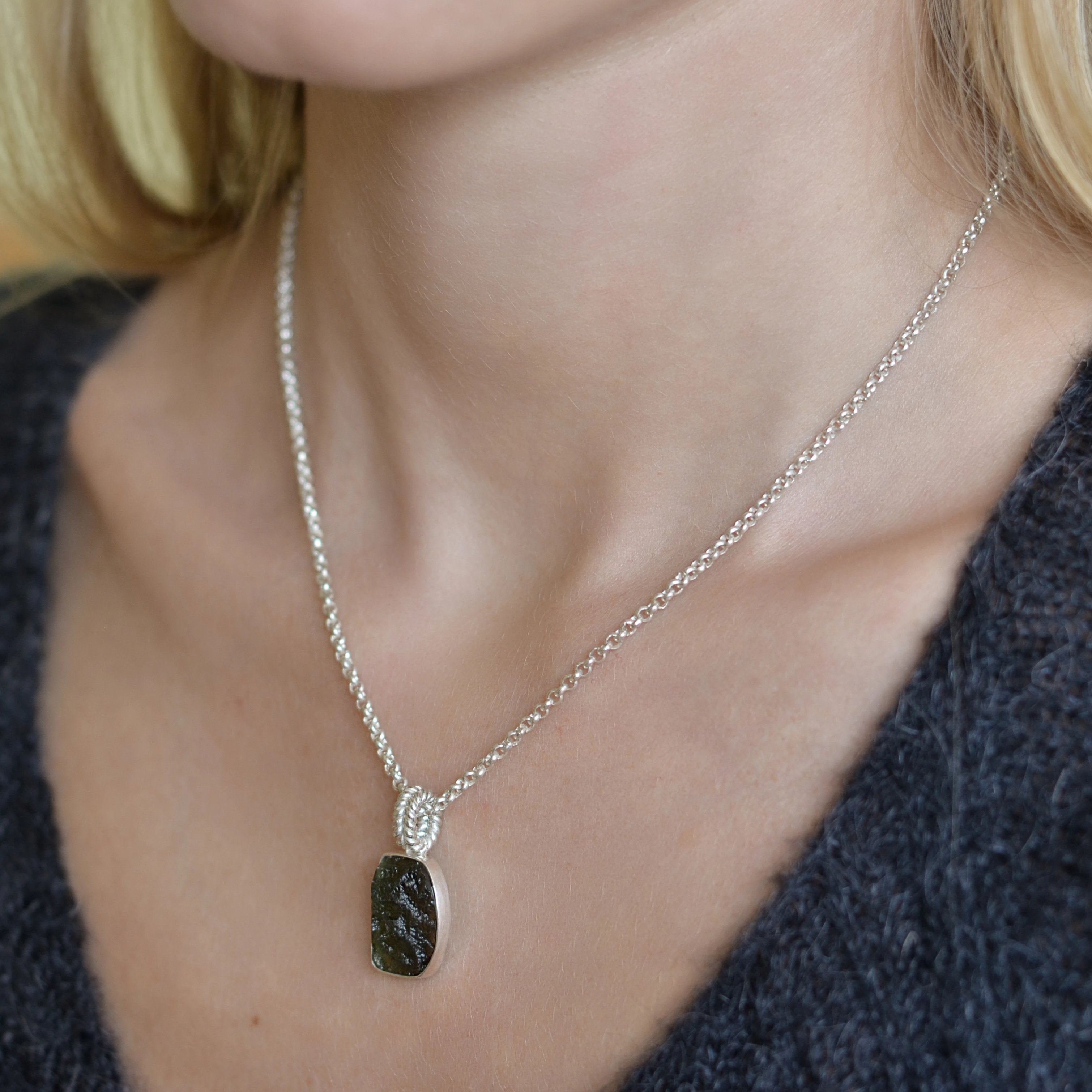 Raw Moldavite Sterling Silver Pendant "D" shape