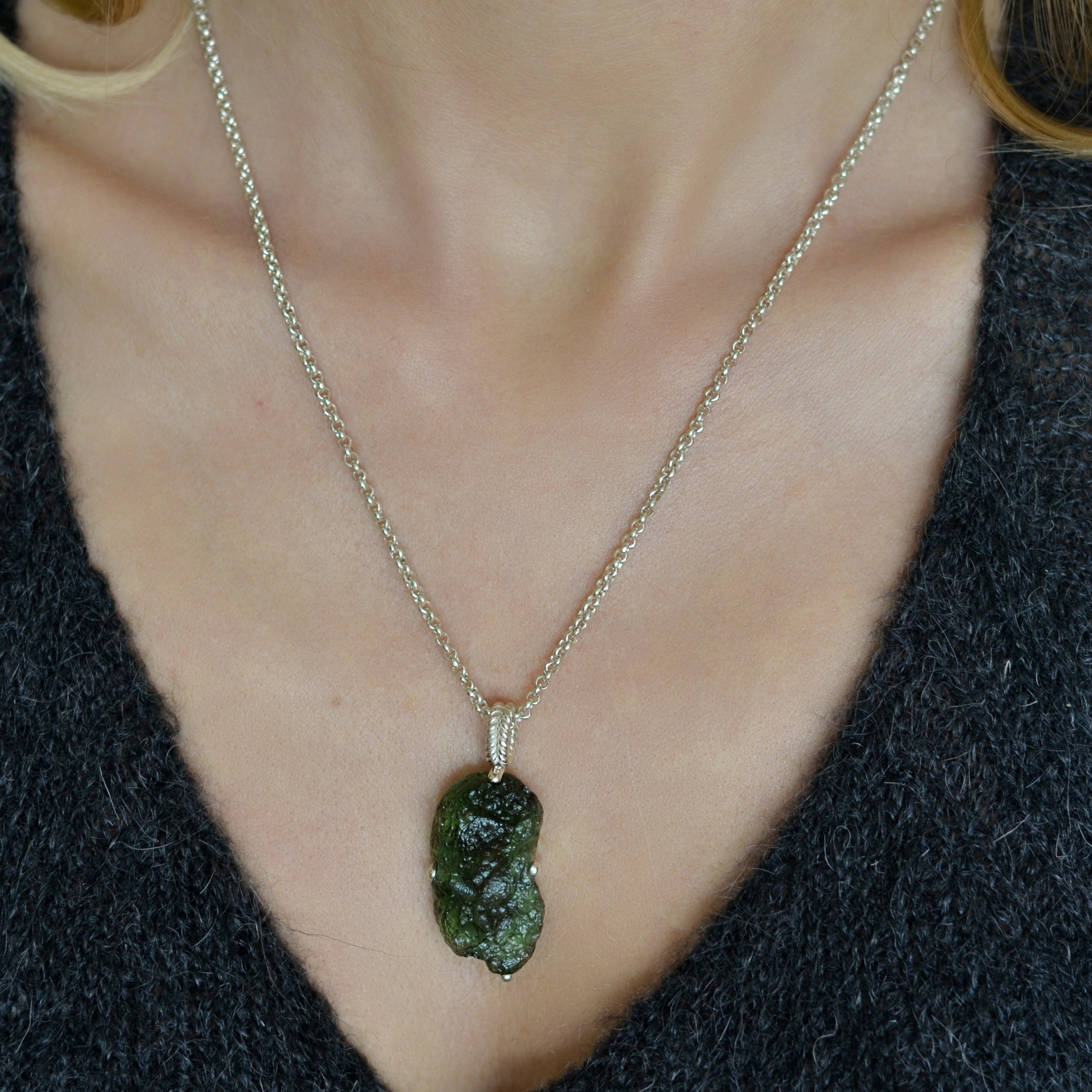 large moldavite pendant sterling silver