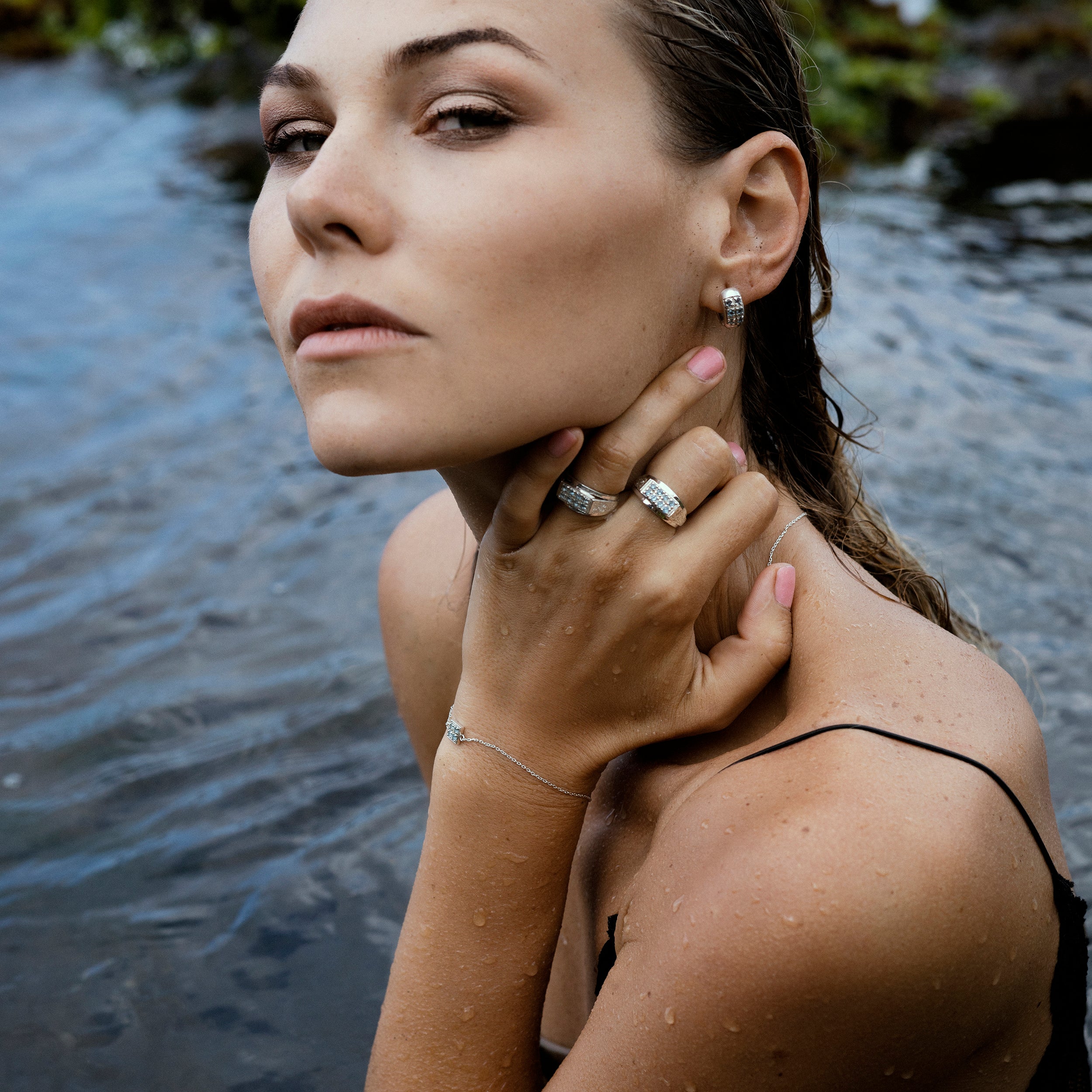 Sterling Silver Thick Huggie Hoops with sensual Aquamarines