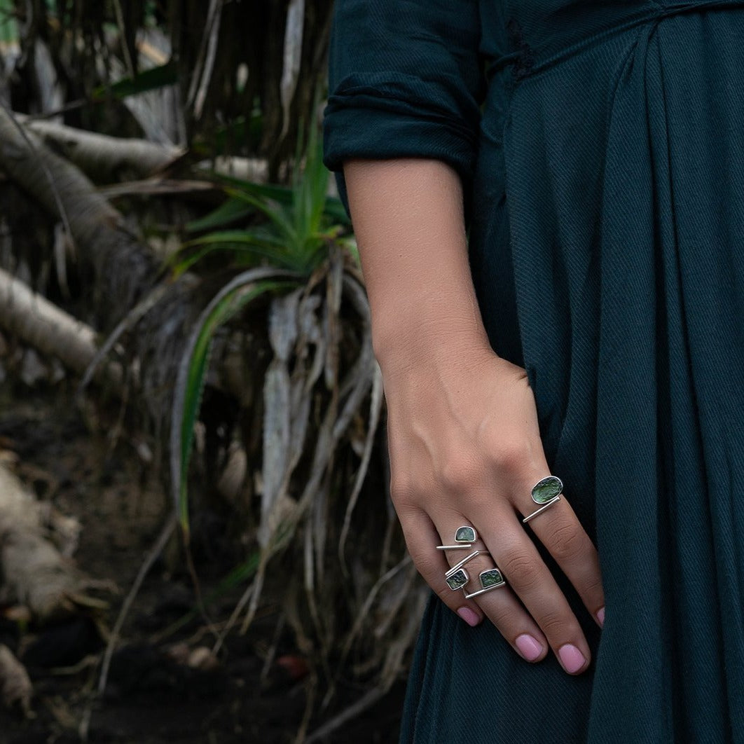 Adjustable open raw moldavite ring ioola