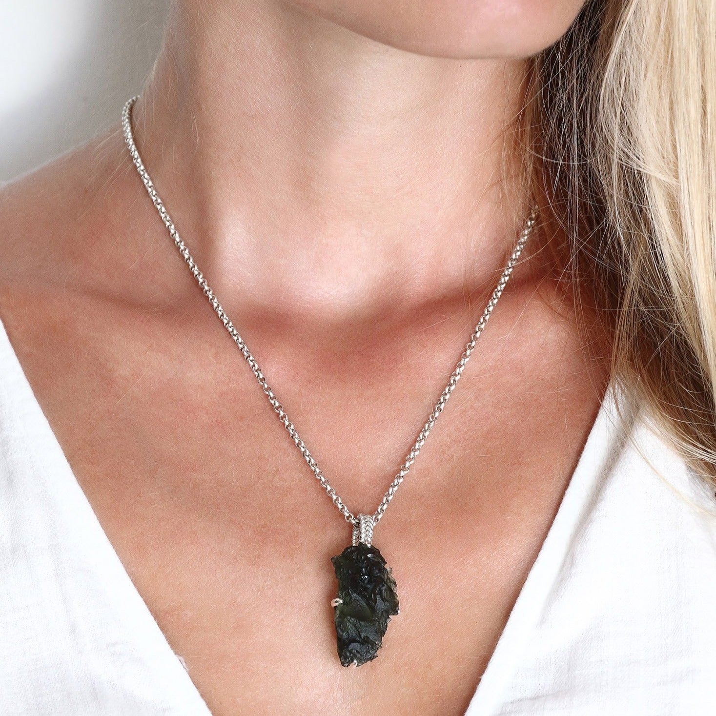 Rough Moldavite from Czech republic in sterling silver pendant with prong 9 gr