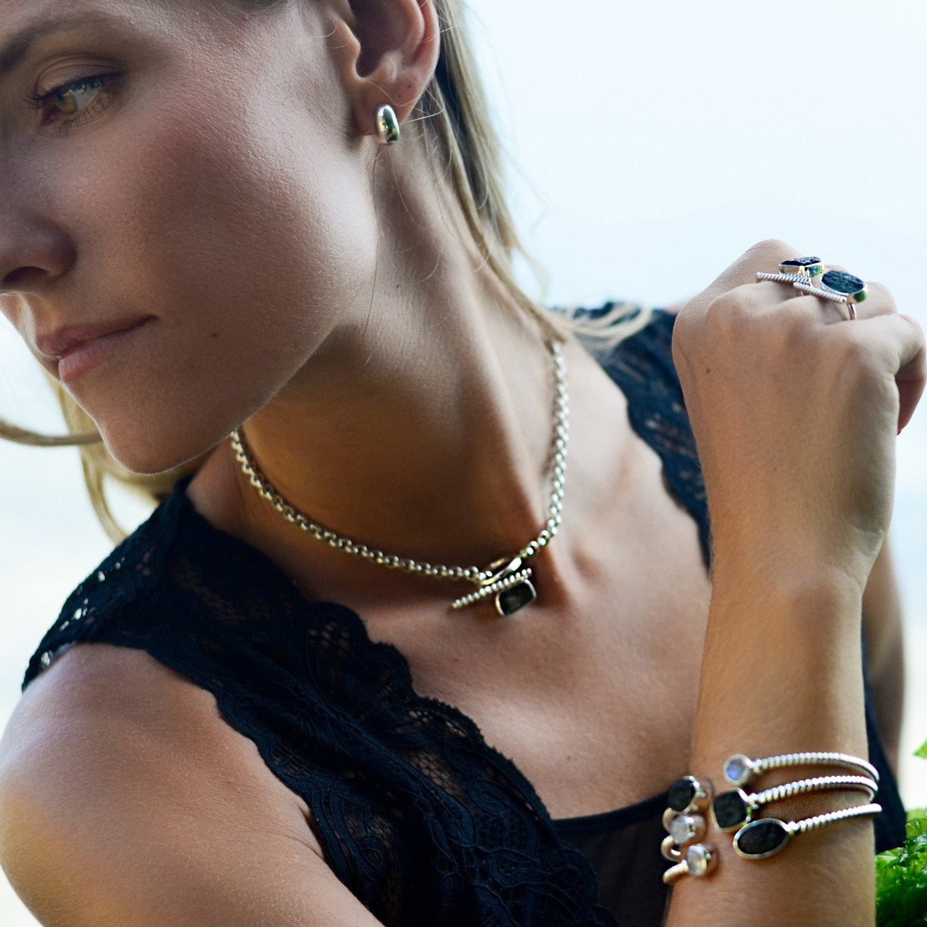 Sterling silver raw moldavite meteorite rolo chain necklace ioola with toggle clasp