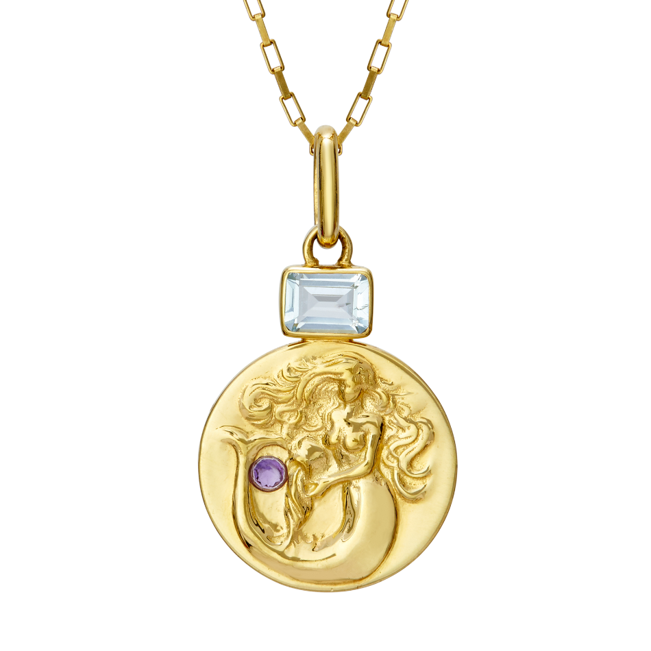 Gold Aquarius Coin Pendant Necklace With Birthstones