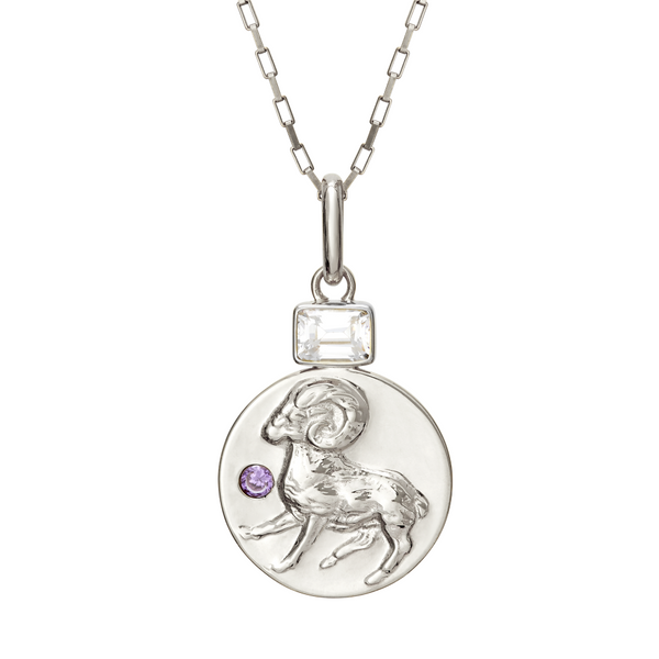 Sterling Silver Aries Coin Pendant Necklace With Birthstones