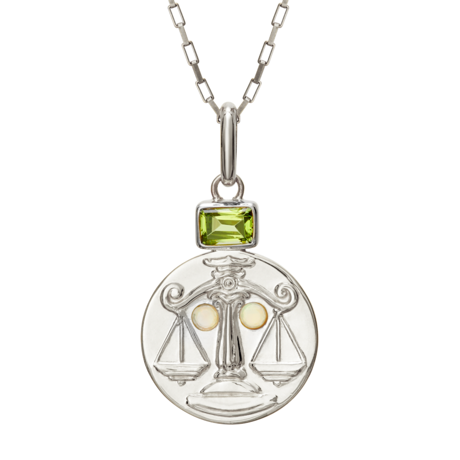 Sterling Silver Libra Coin Pendant with Birthstones // Silver