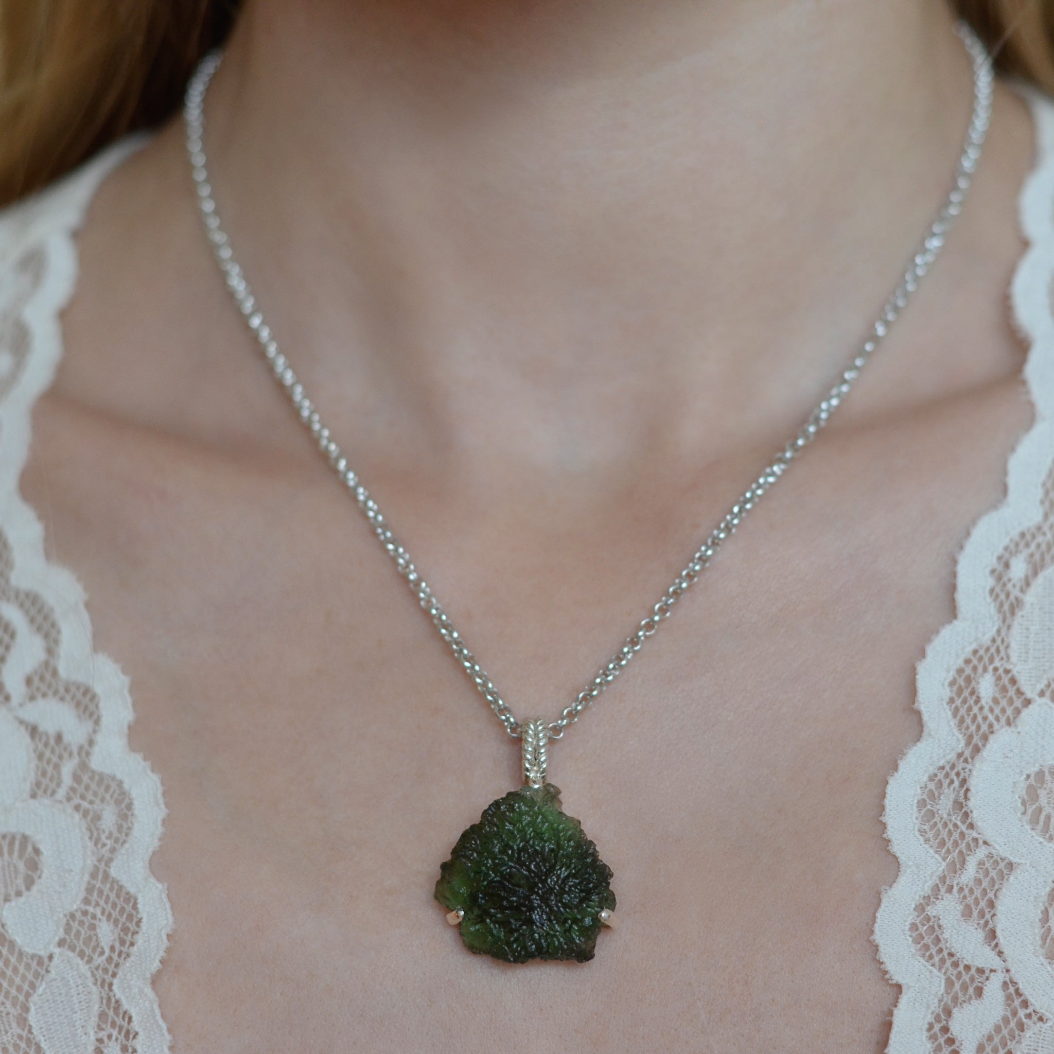 Raw Moldavite Sterling Silver Pendant 9 gr