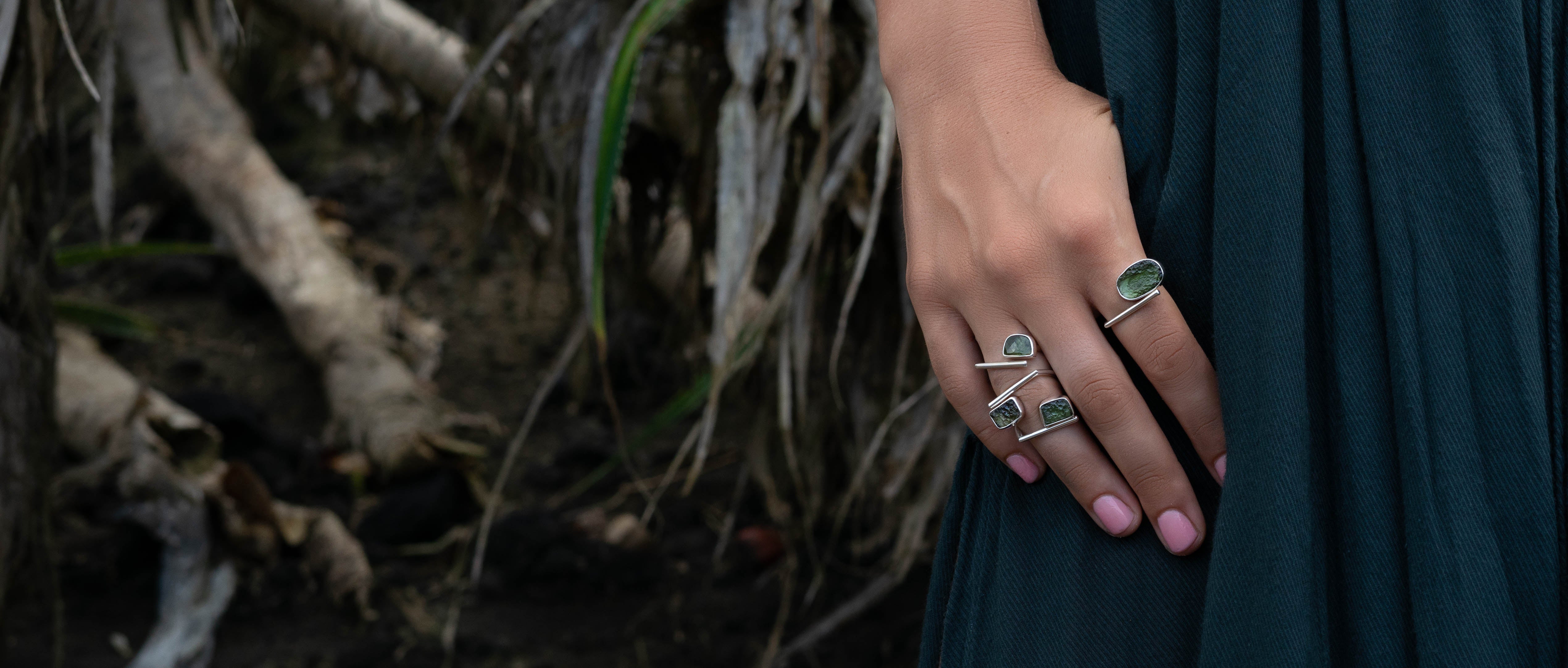 genuine czech moldavite adjustable rings in sterling silver