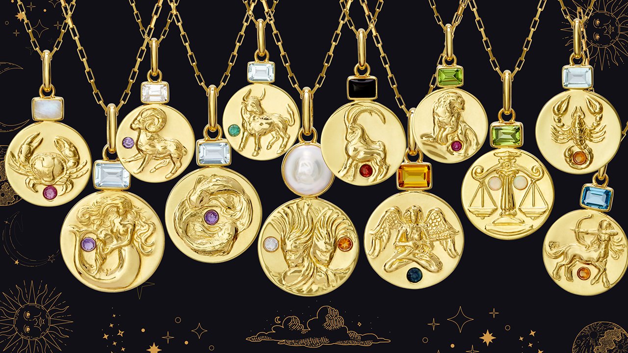 zodiac sign coin pendant necklaces with birthstones