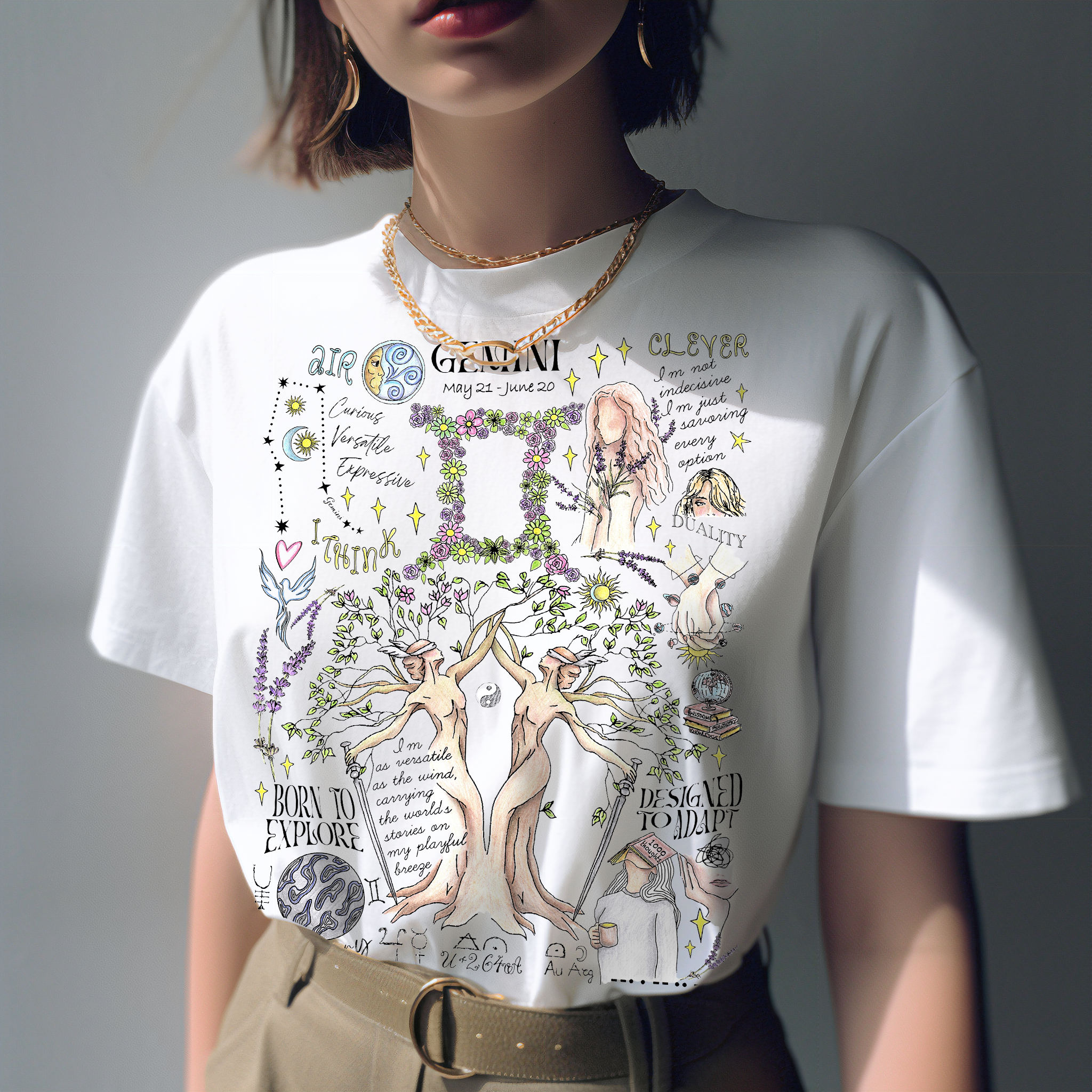 a woman wearing a white shirt with a tree on it