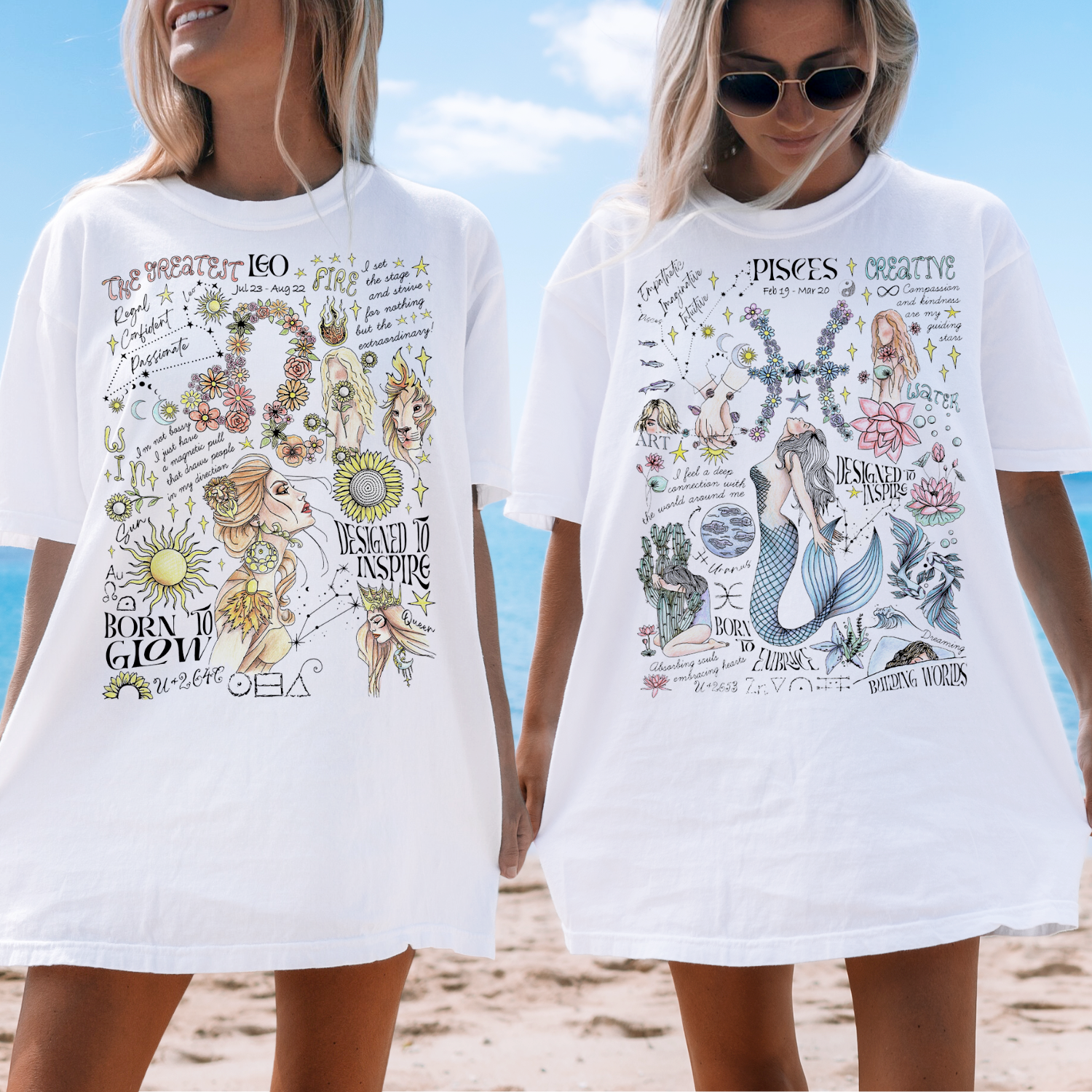 a couple of women standing on top of a sandy beach