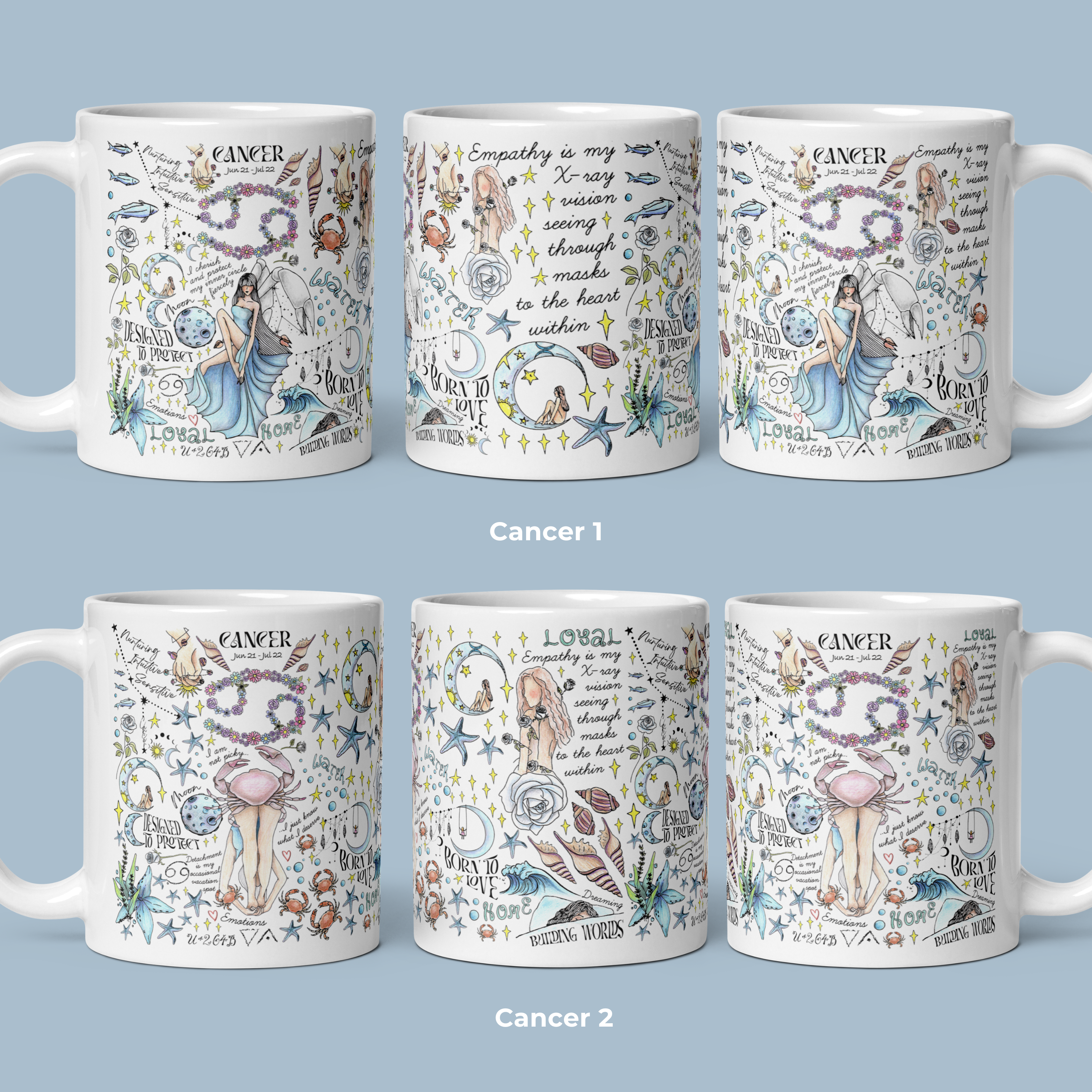 a set of four coffee mugs with different designs