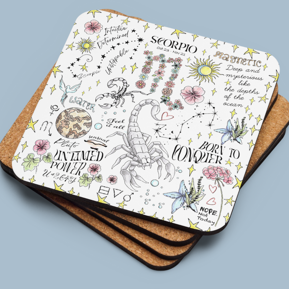 four coasters with zodiac symbols on them