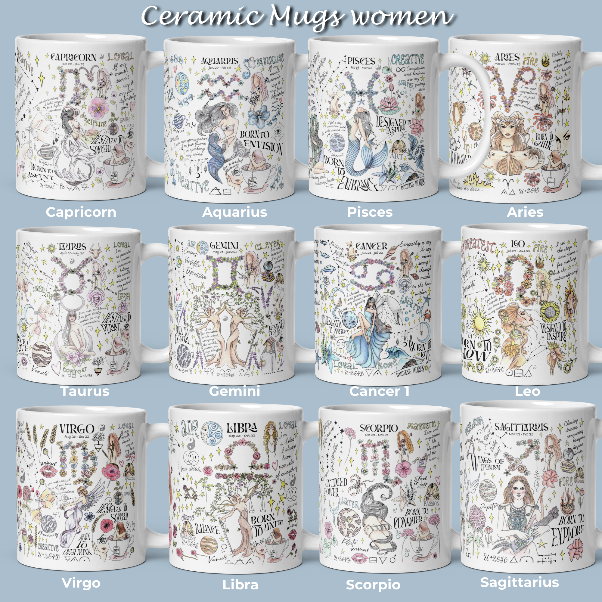 a coffee mug with the names of different mugs