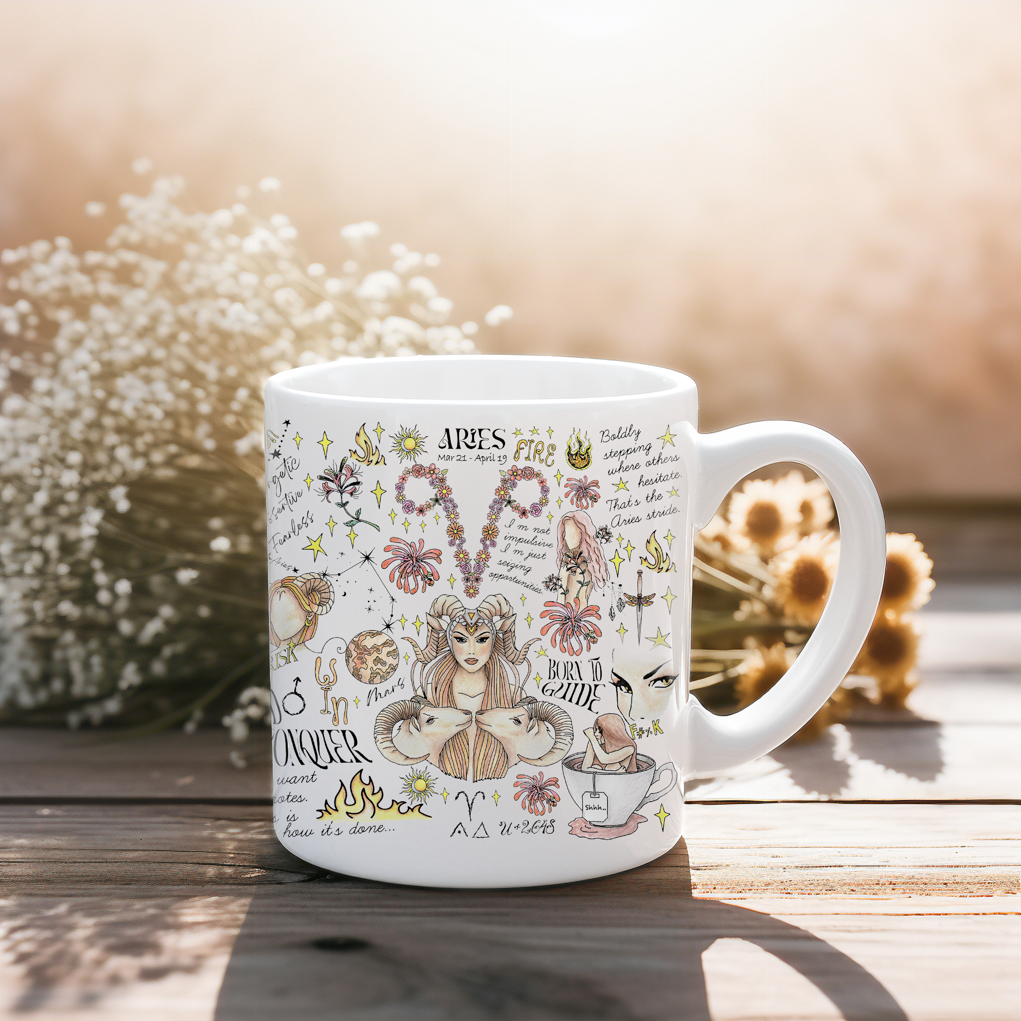 a white coffee mug with a picture of a dog on it