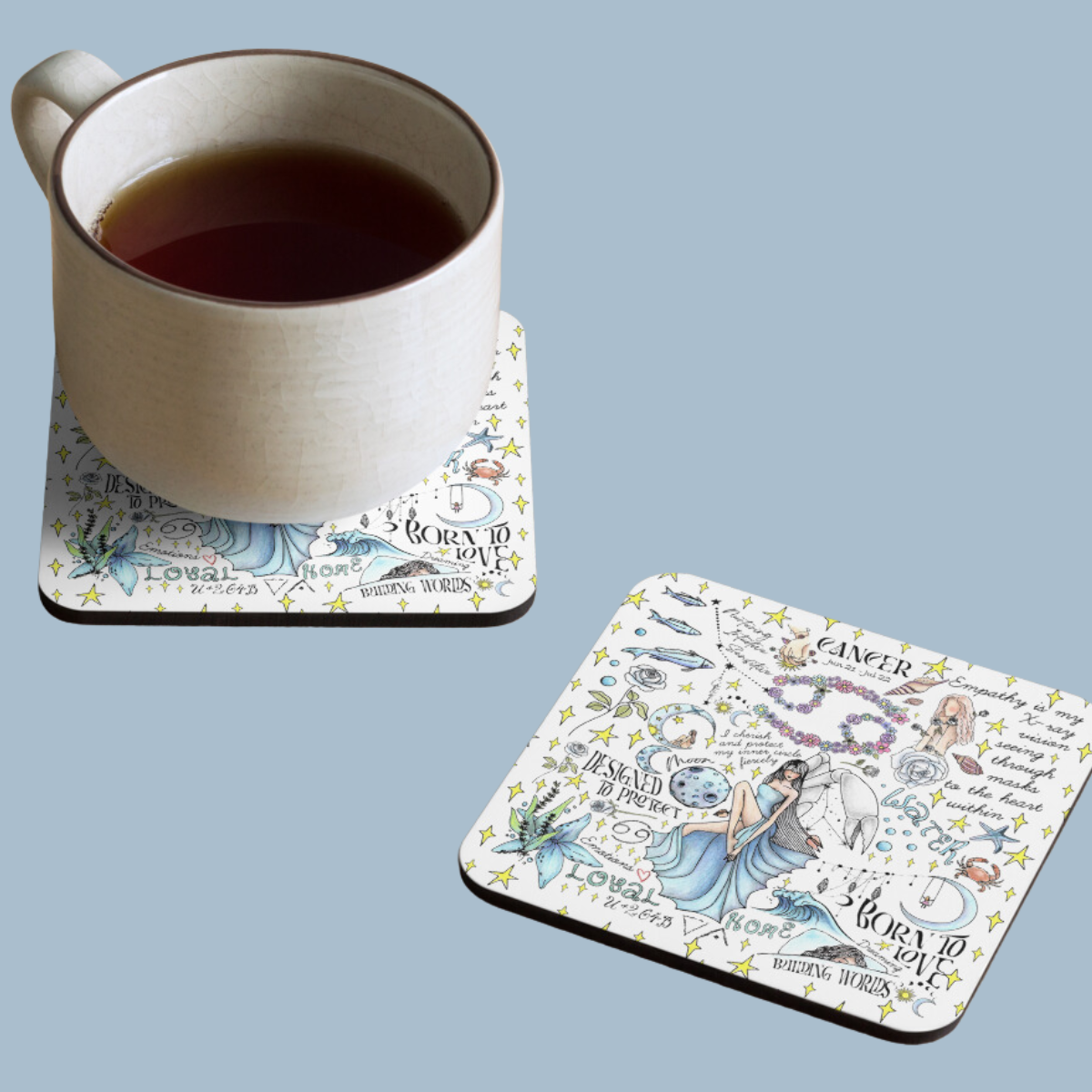 a cup of tea and a coaster on a blue background