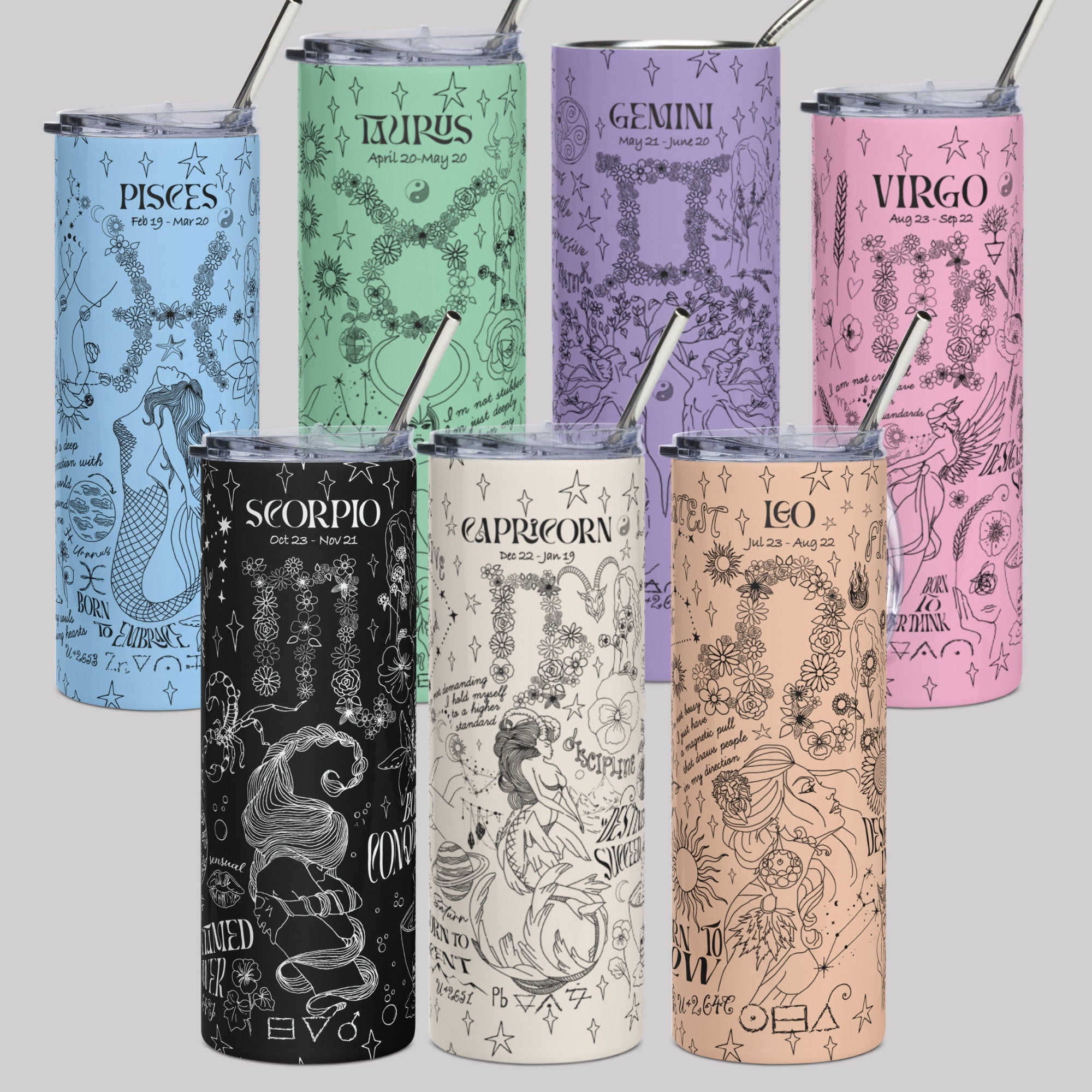 Zodiac Skinny Tumbler with Straw - Personalized Neutral Color Astrology Insulated Mug - Bridesmaids Gift - Bachelorette Party Favor - Birthday Gift