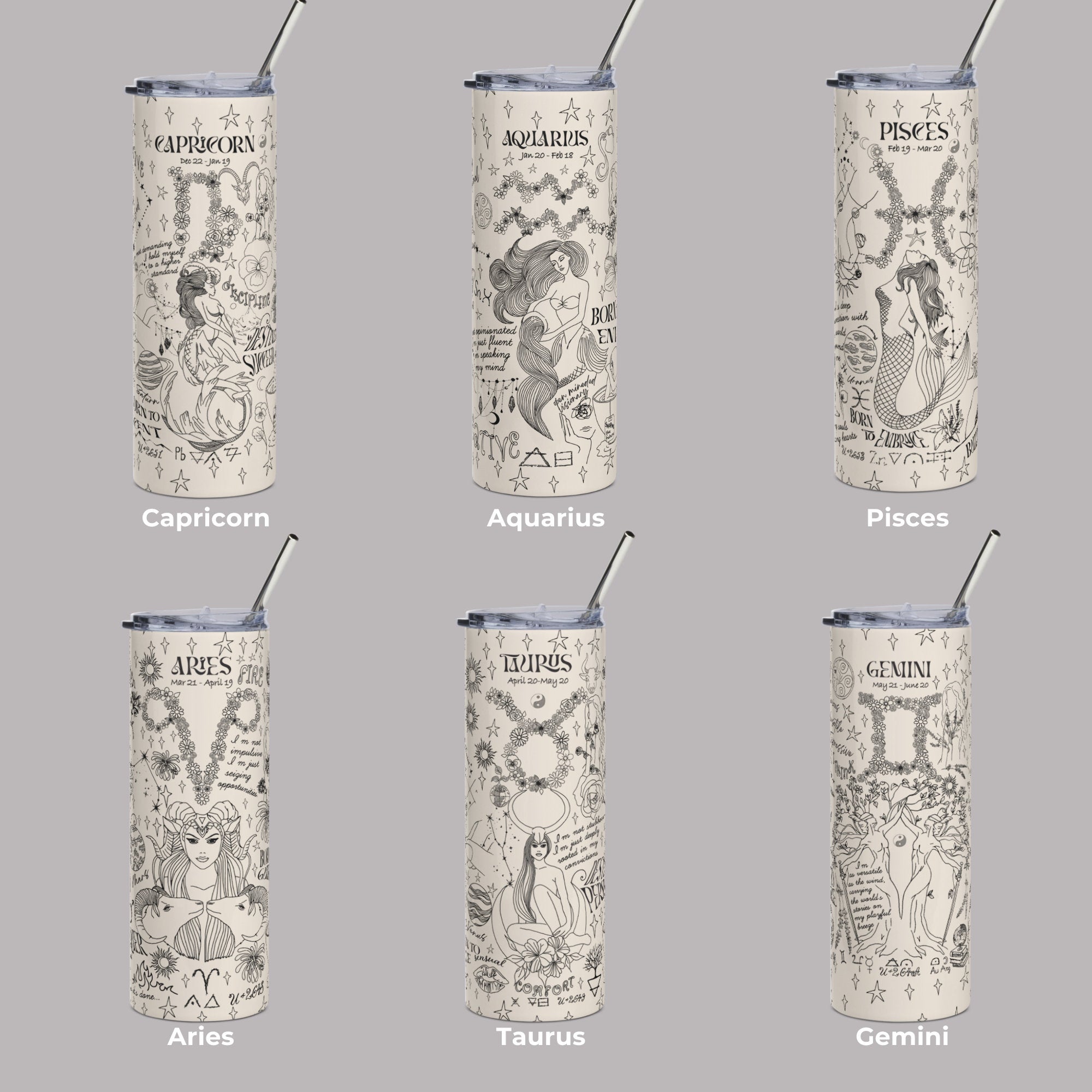 Zodiac Skinny Tumbler with Straw - Personalized Neutral Color Astrology Insulated Mug - Bridesmaids Gift - Bachelorette Party Favor - Birthday Gift