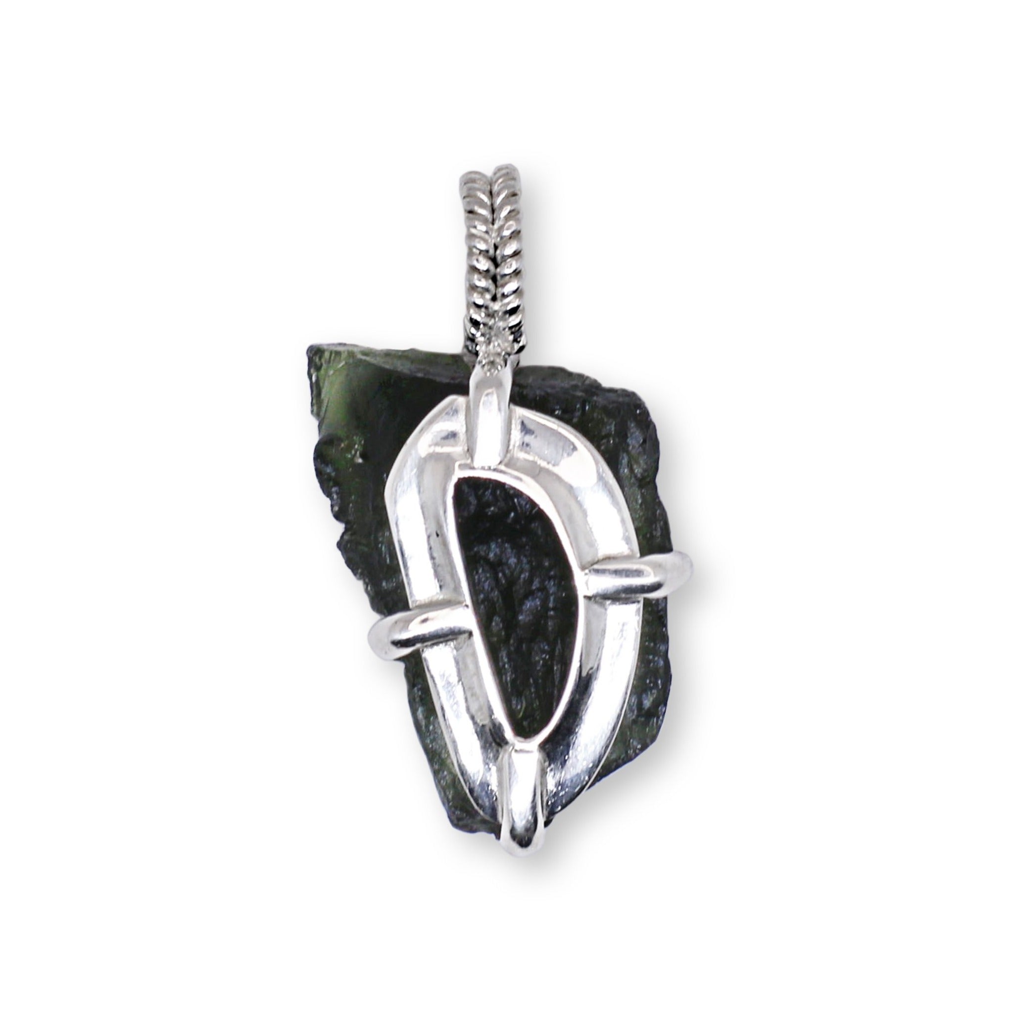 Thick Moldavite from Czech republic in sterling silver pendant with prong setting 6 gr