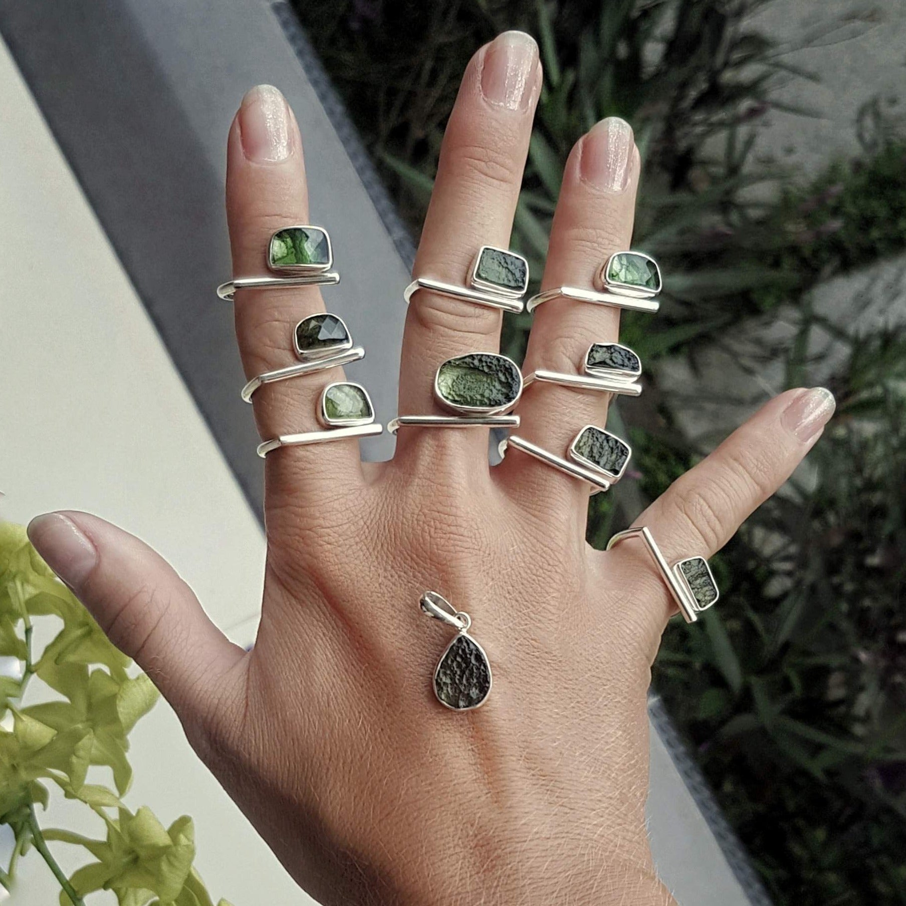 handmade sterling silver open raw moldavite rings ioola