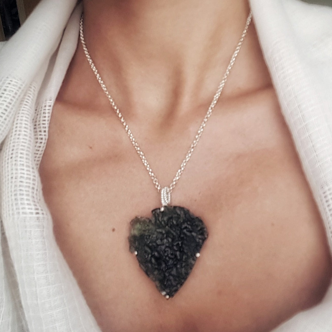 Large Raw Moldavite Sterling Silver Pendant in a heart shape 21.5 gr 