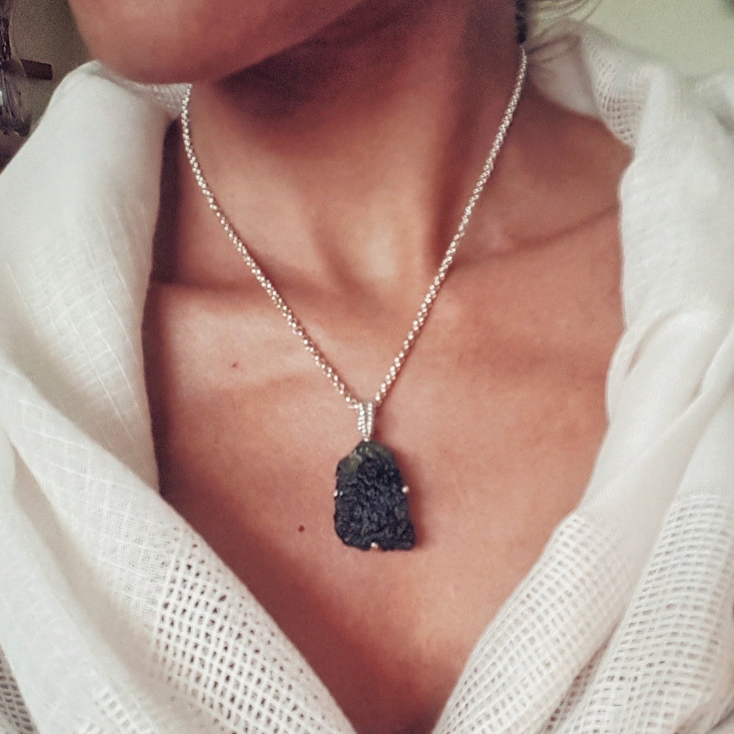 Large Raw Moldavite Sterling Silver Pendant