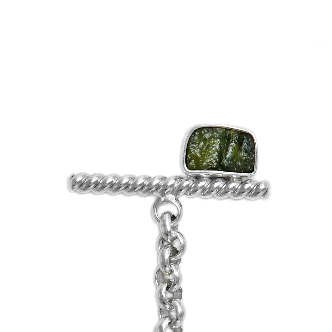 Sterling silver rolo chain necklace with raw moldavite with toggle clasp ioola