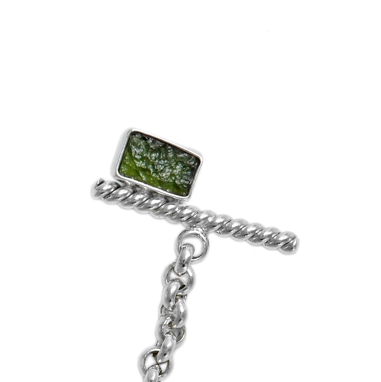 Sterling silver rolo chain necklace with raw moldavite with toggle clasp ioola