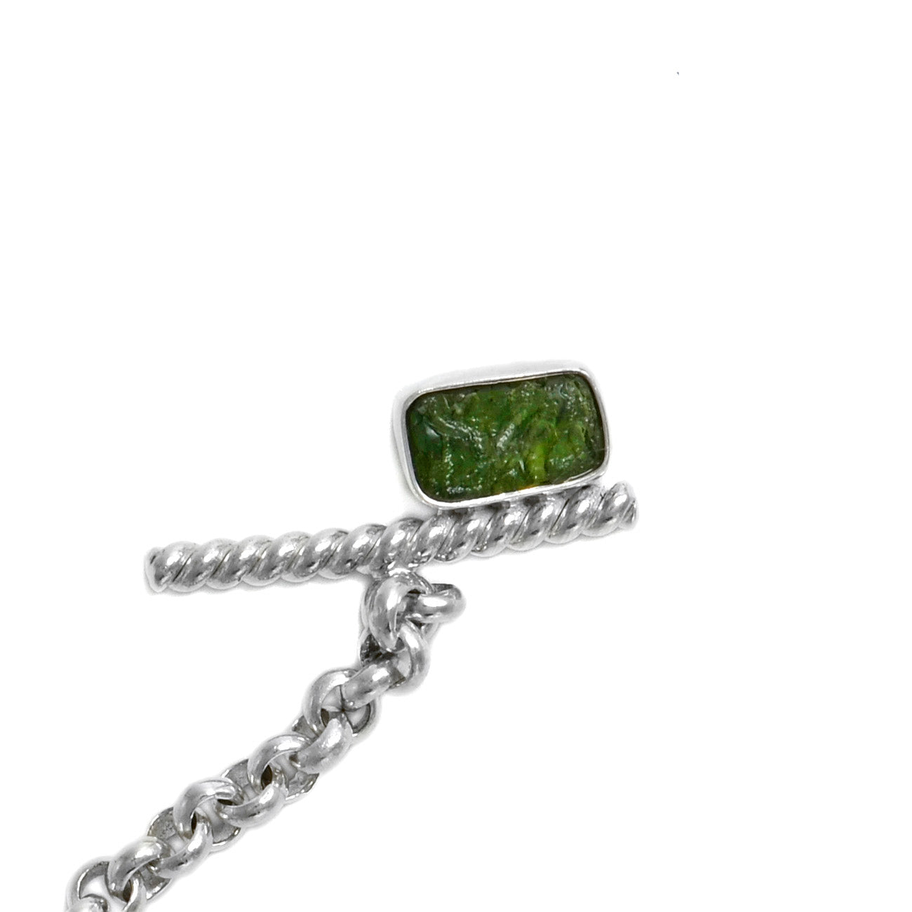 Sterling silver rolo chain necklace with raw moldavite with toggle clasp ioola