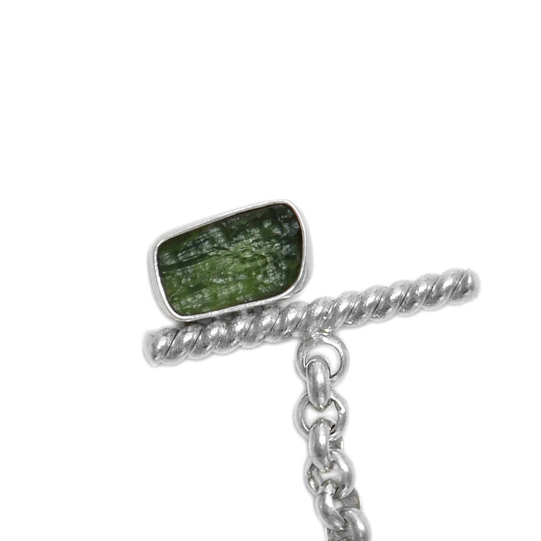 Sterling silver rolo chain necklace with raw moldavite with toggle clasp ioola