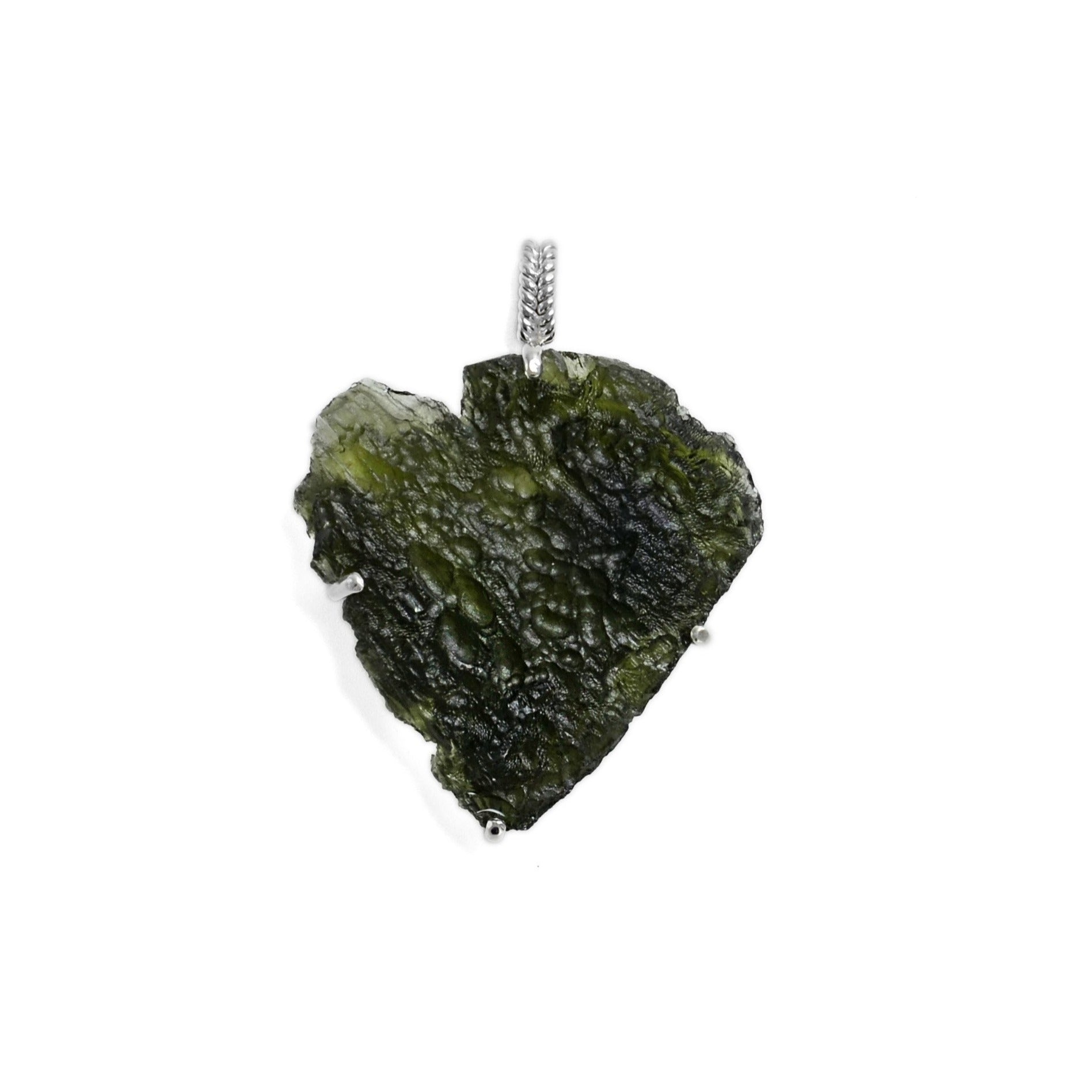 Large Raw Moldavite Sterling Silver Pendant in a heart shape 21.5 gr 