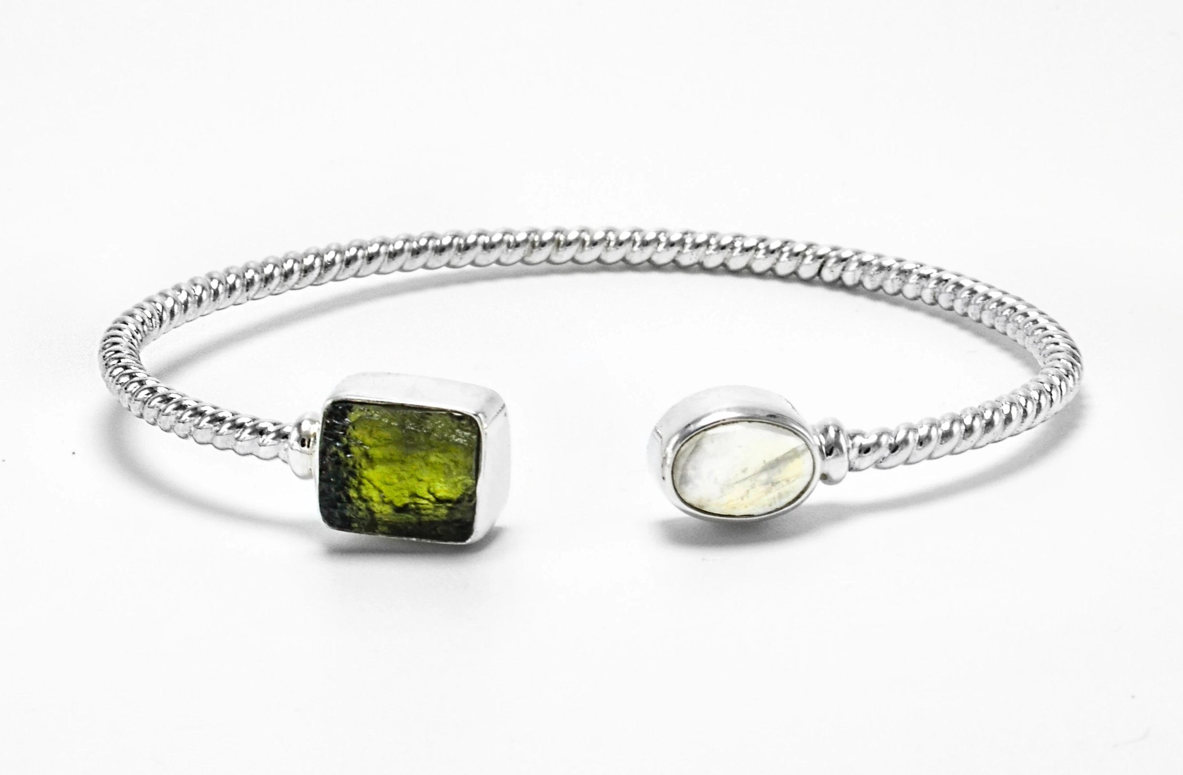 Sterling Silver Moldavite Moonstone Bangle