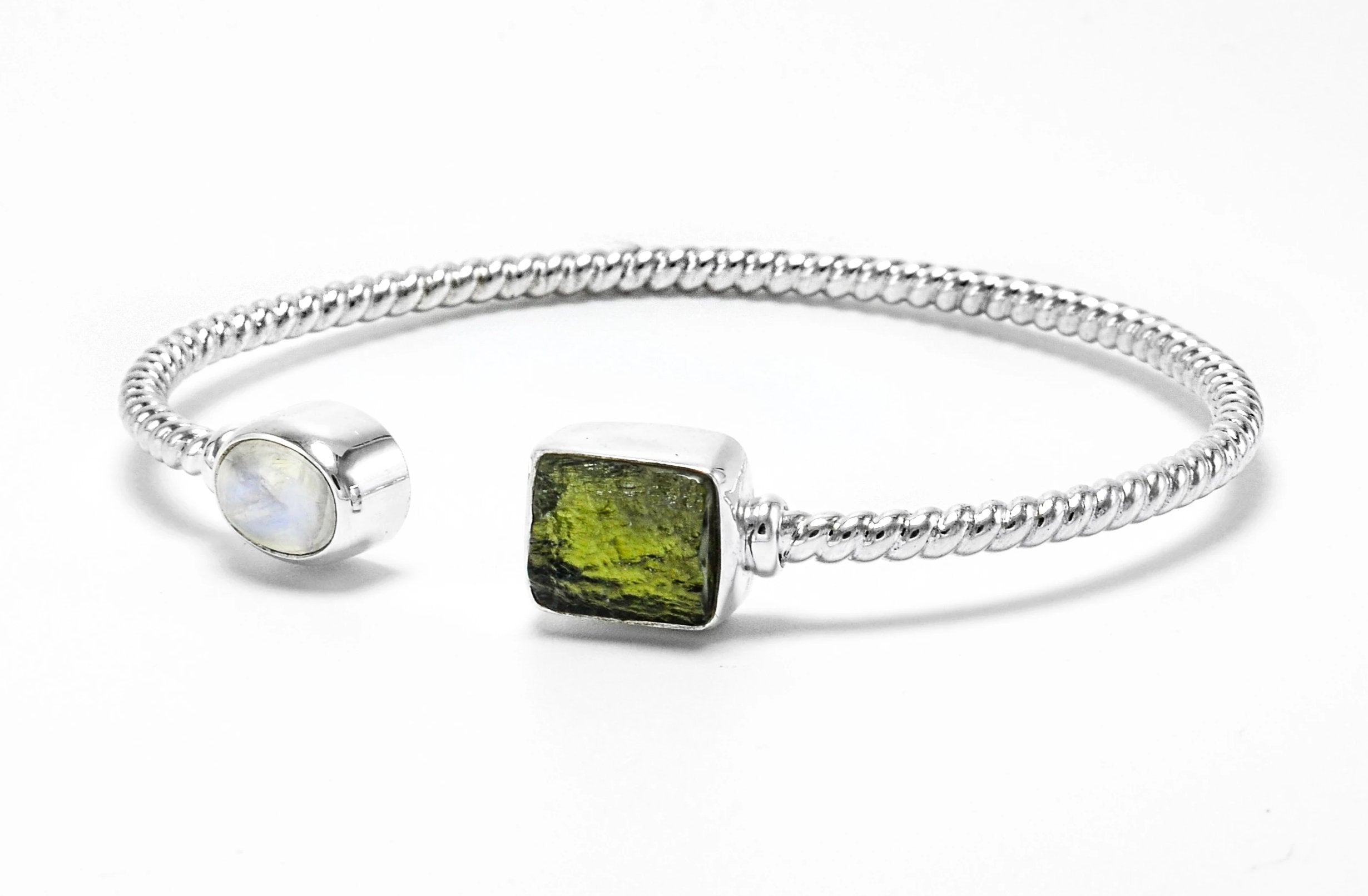 Sterling Silver Moldavite Moonstone Bangle