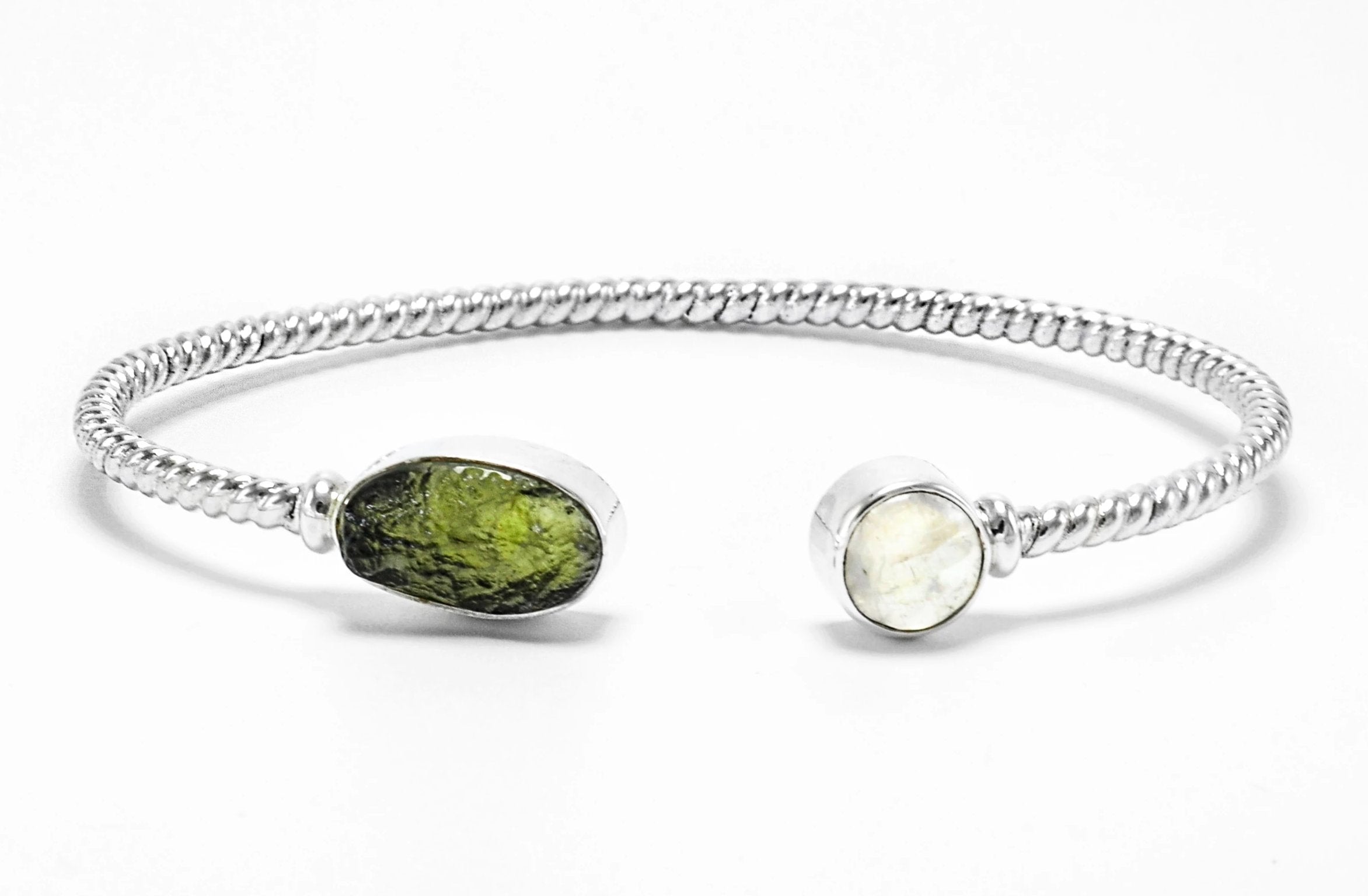 Sterling Silver Moldavite Moonstone Bangle