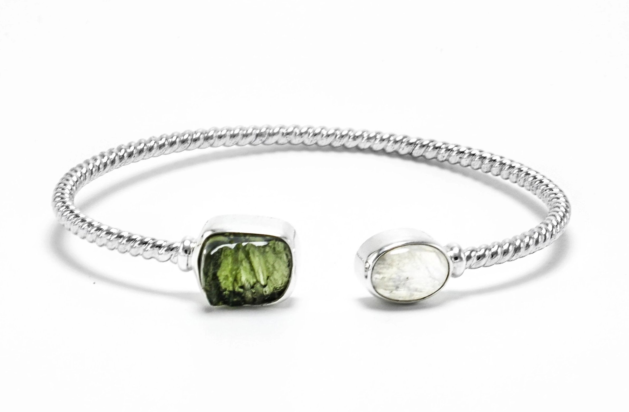 Sterling Silver Moldavite Moonstone Bangle