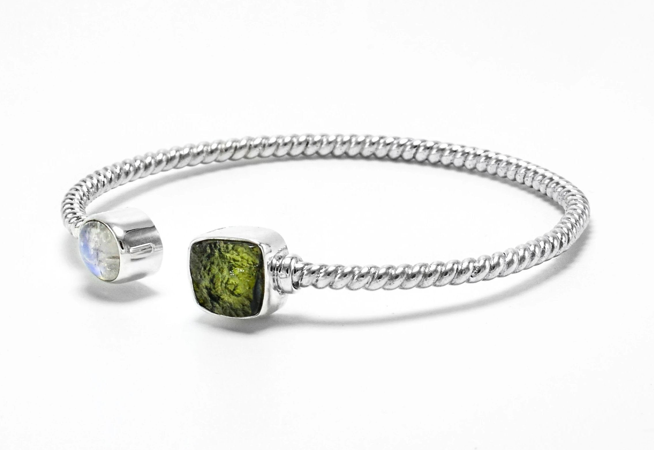 Sterling Silver Moldavite Moonstone Bangle