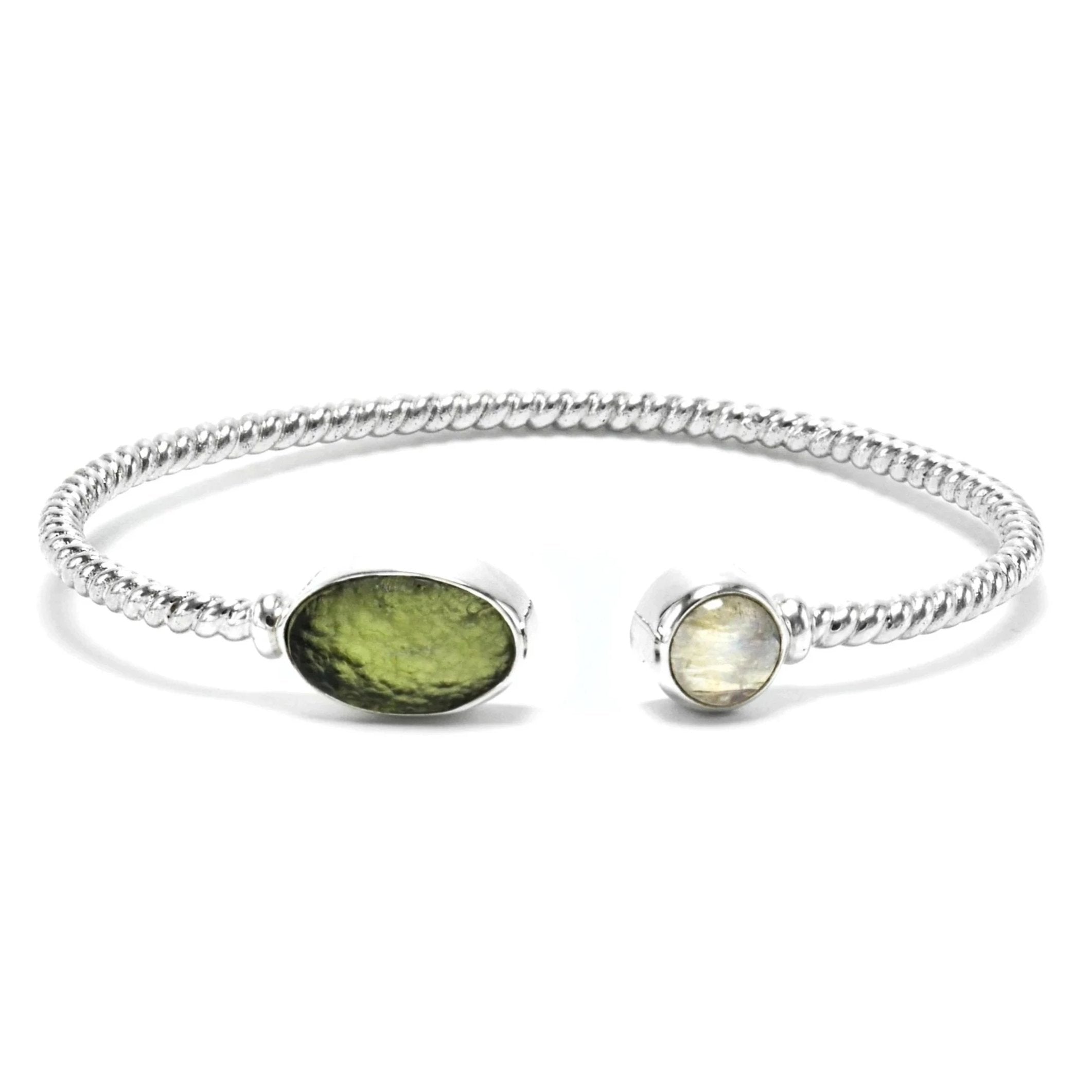 Sterling Silver Moldavite Moonstone Bangle