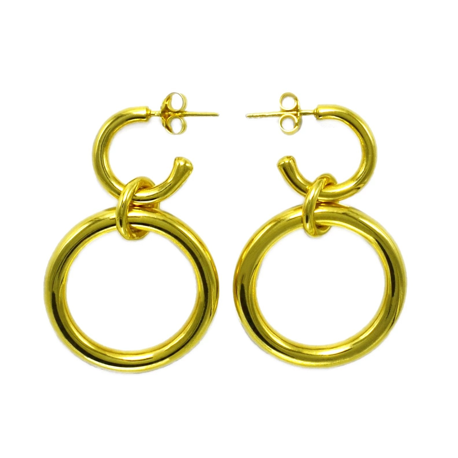 Lightweight Sterling Silver gold plated hollow double hoop earrings with dangle big // Gold