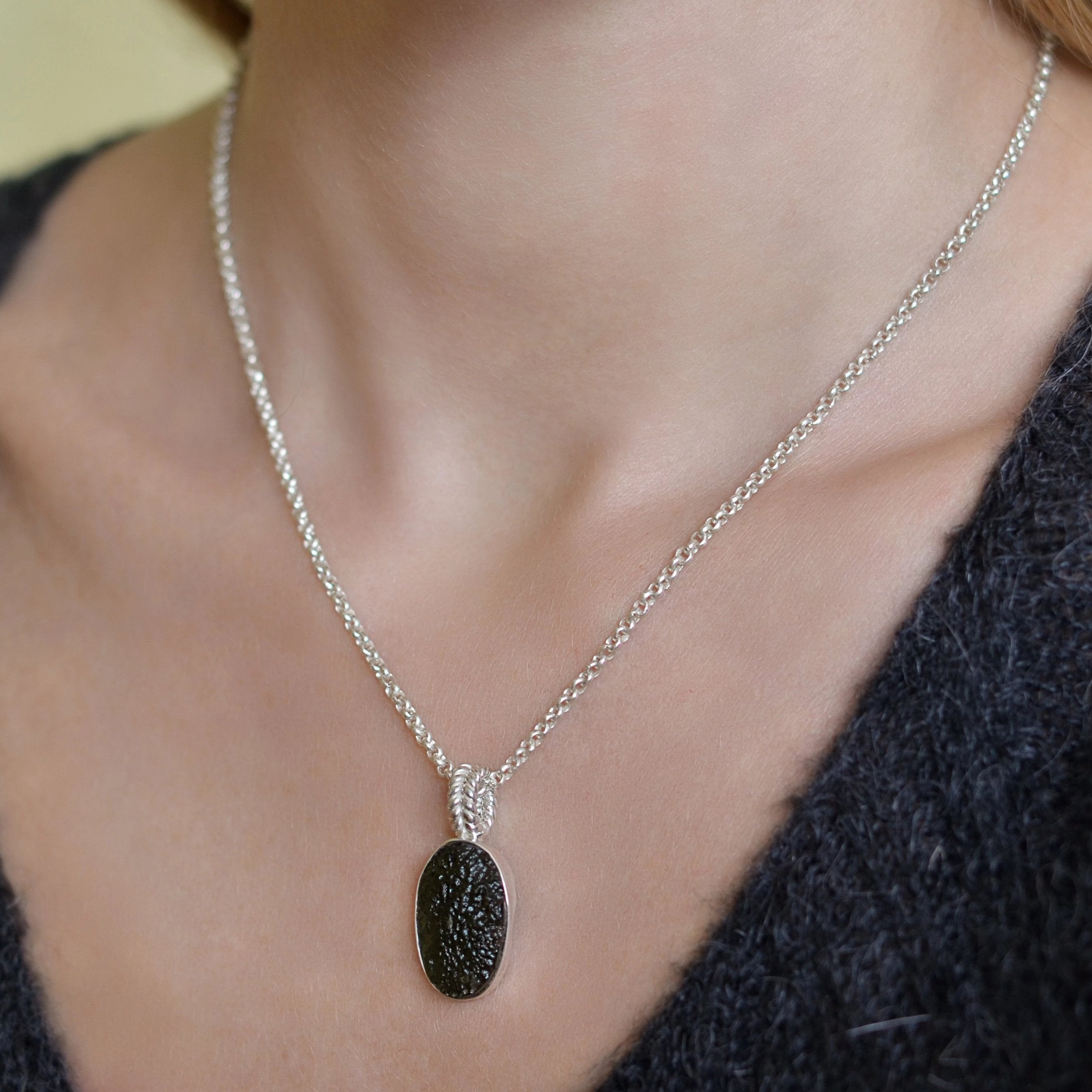 Raw Moldavite Sterling Silver Pendant Oval