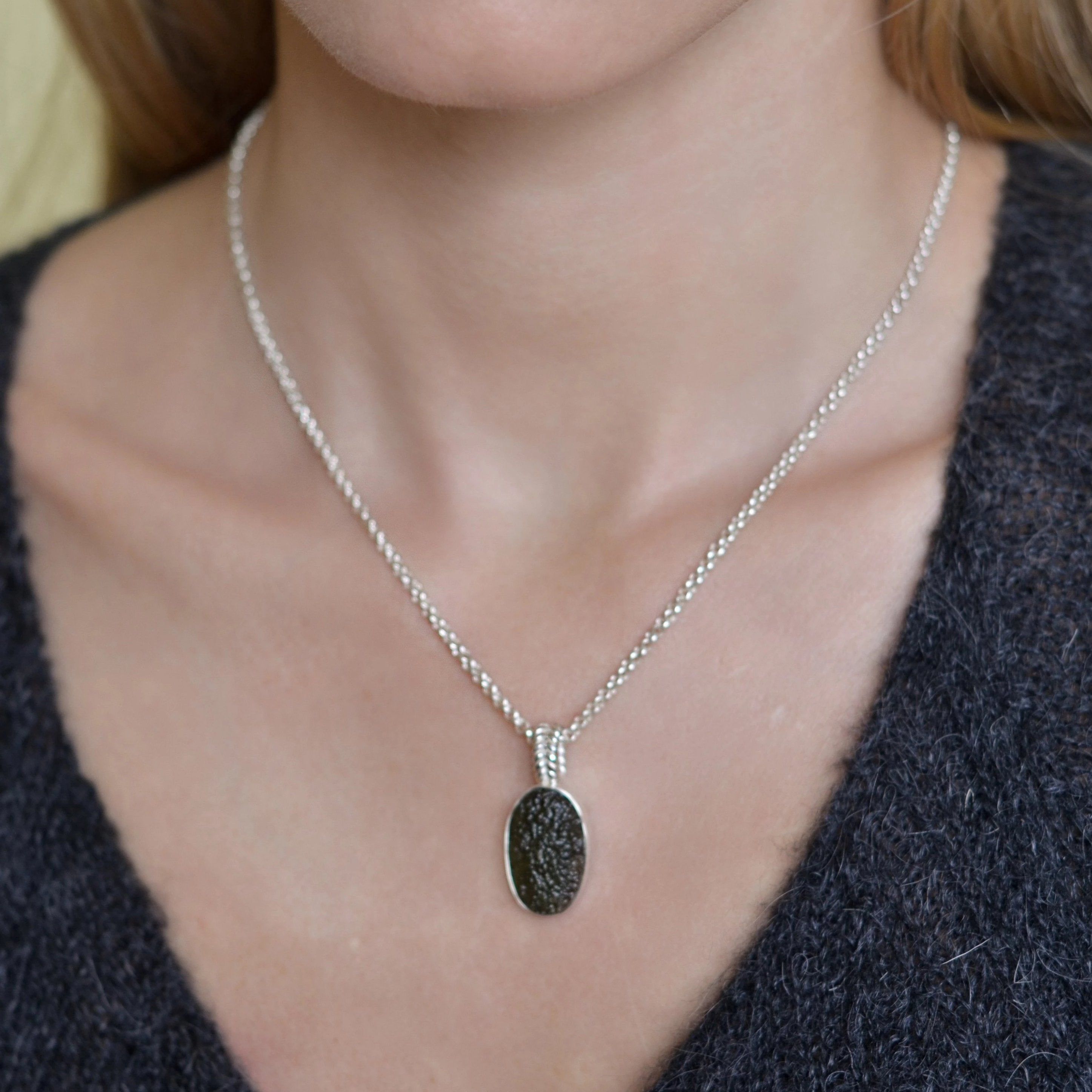 Raw Moldavite Sterling Silver Pendant Oval