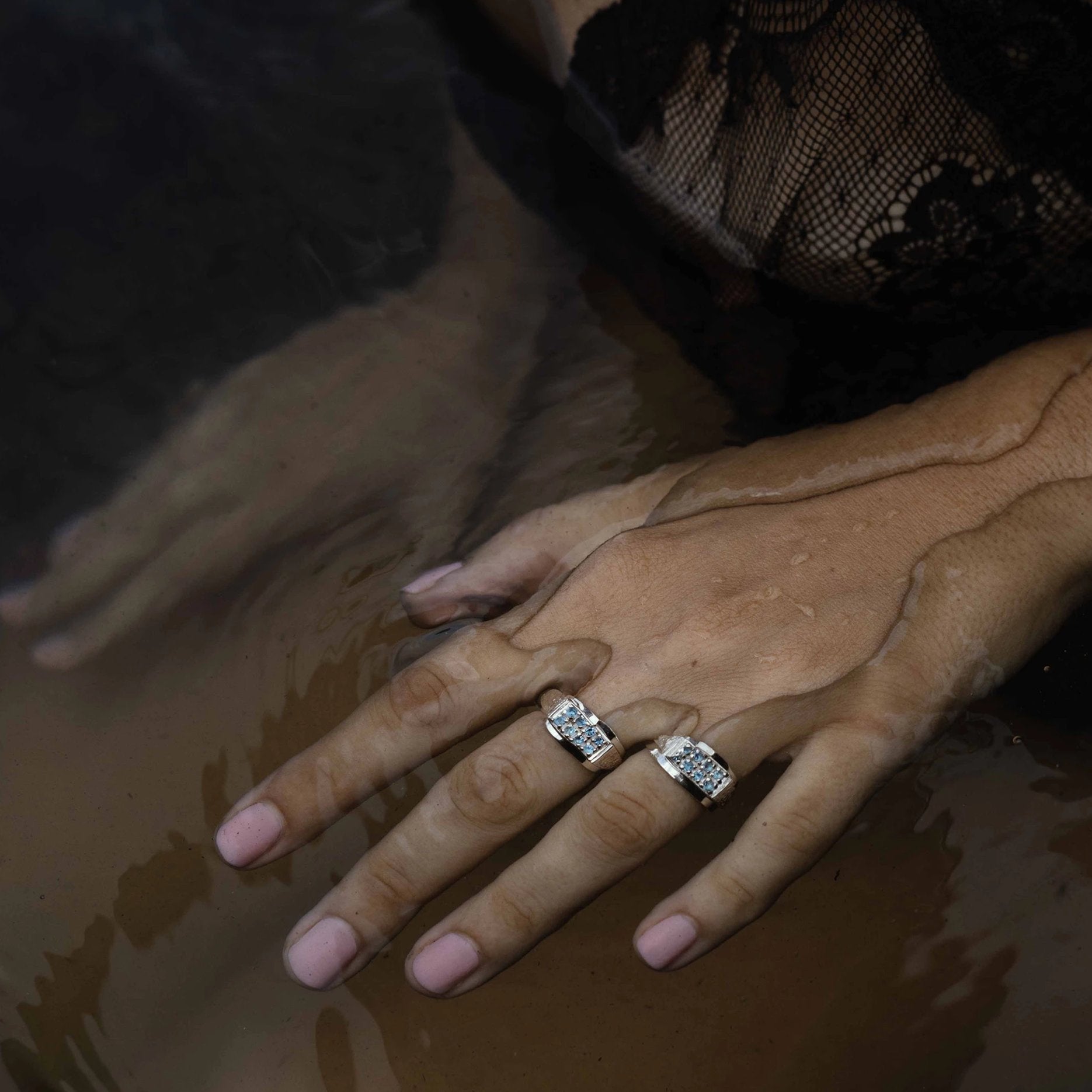 Sterling Silver Midnight Ring with Aquamarines