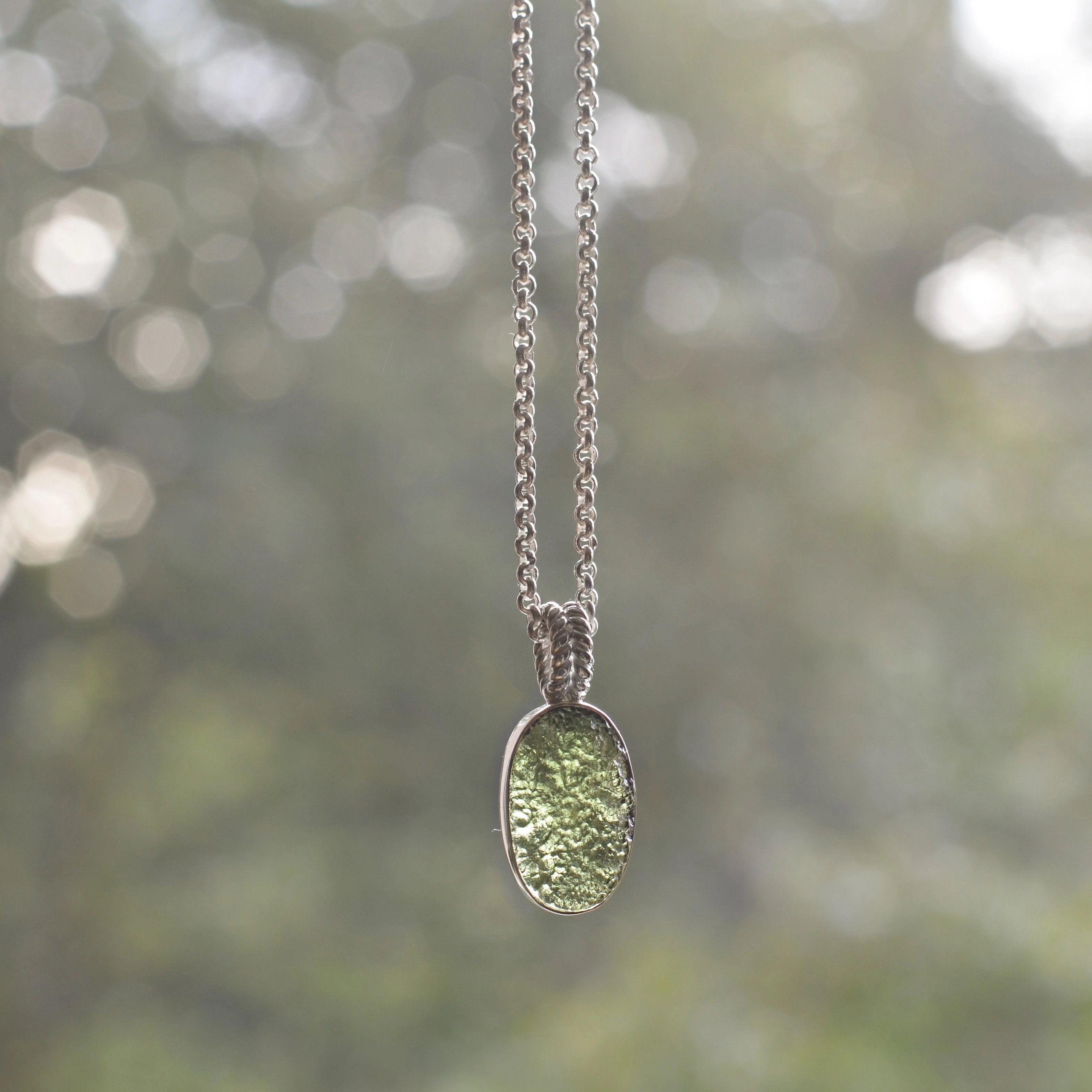 Raw Moldavite Sterling Silver Pendant Oval