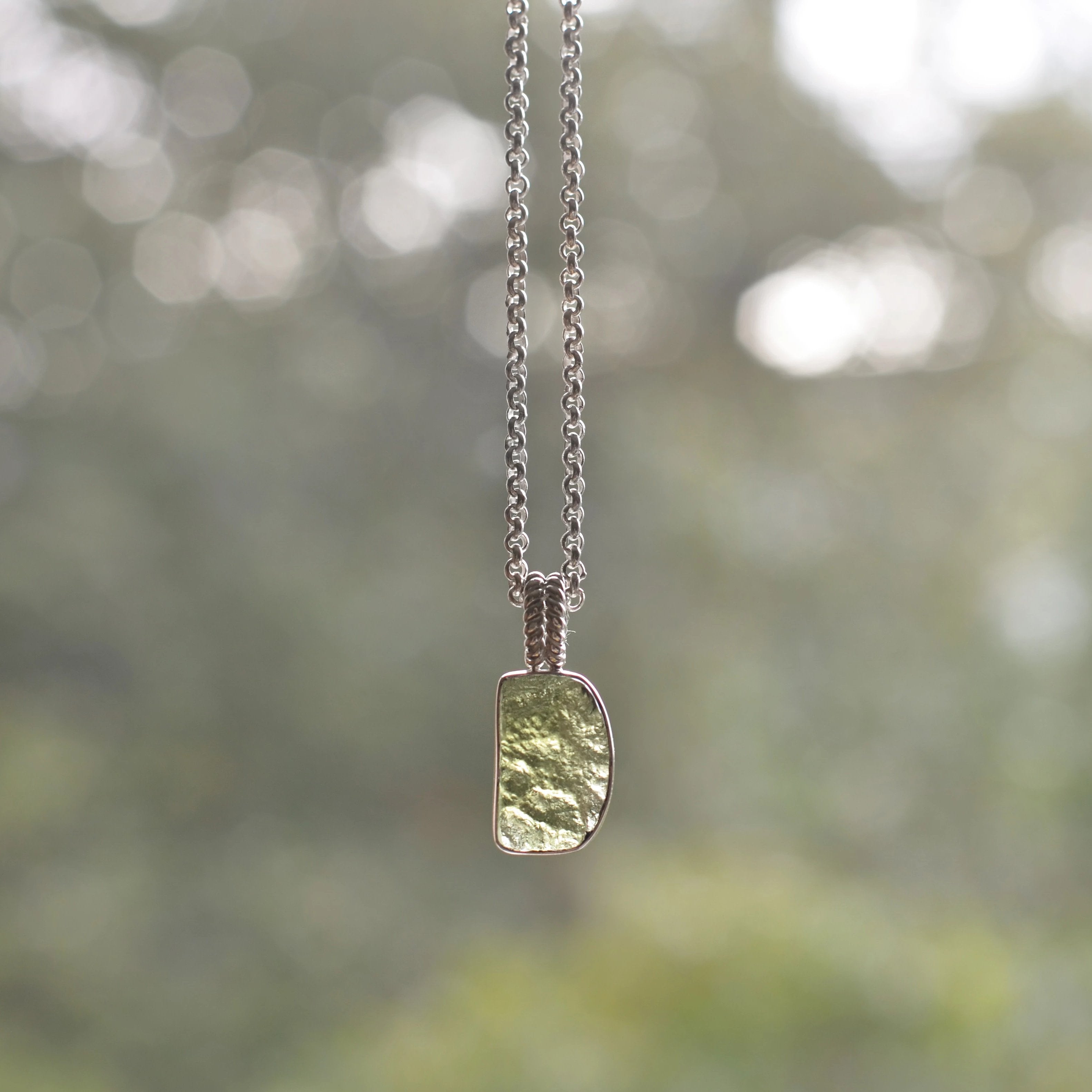 Raw Moldavite Sterling Silver Pendant "D" shape